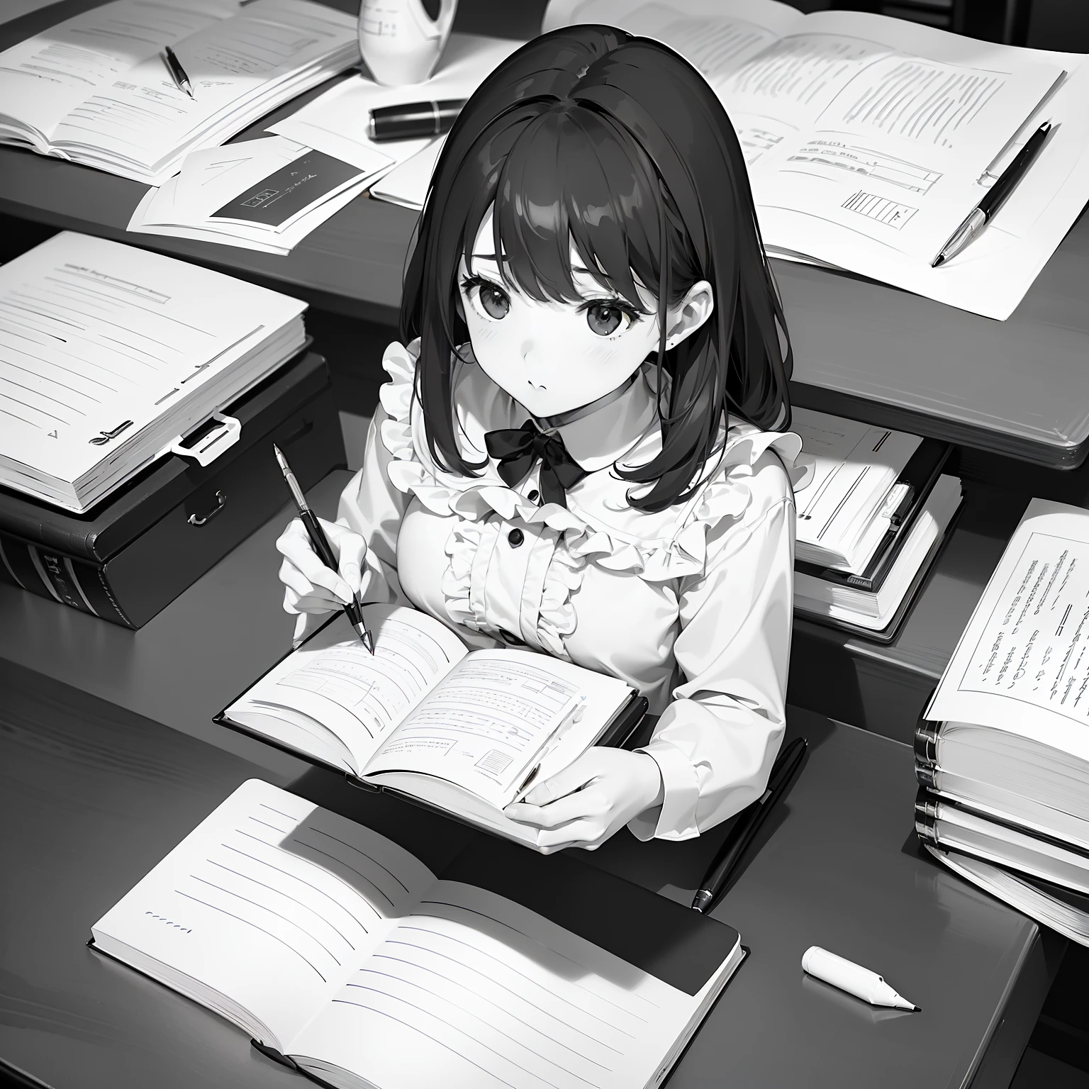 ​masterpiece、top-quality、High-quality images、hight resolution、8K、Realistic、Monochrome grayscale、、line-drawing、Contour extraction、Accurate perspective、Applicable Shading、Medium omission、unmanned、item((On the study desk、stationery、notebook、Writing utensils、Enlarge stacked books、From directly above、unmanned):1.5