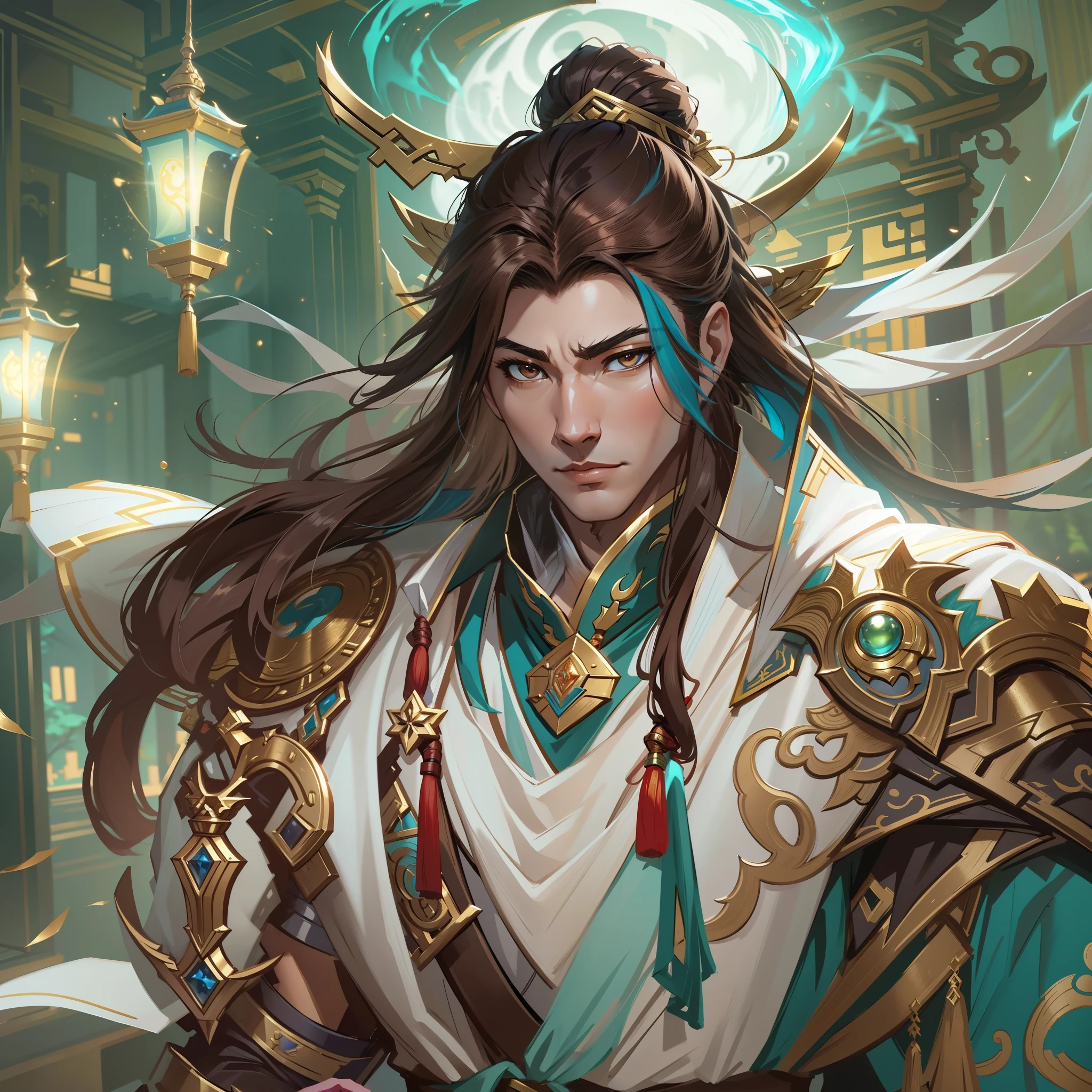 a close up of a strong man in his 30's, with brown eyes and scruffy brown hair, wearing a white and blue mage's robes, a hero with brown eyes, male holding a bo staff, mage with light magic, standing in a chinese temple, new costume concept design, in the style of blade and soul, full body character concept, detailed character design, inspired by Yang Jin, inspired by Li Mei-Shu, chinese costume, inspired by Lan Ying, inspired by Sim Sa-Jeong, inspired by Li Tang, lunar themed attire, costume with gold accents, inspired by Ju Lian, colored concept art, highly detailed character design, highly detailed face, inspired by Ai Xuan, very highly detailed face, unreal engine render, final fantasy 14 style, inspired by Leng Mei