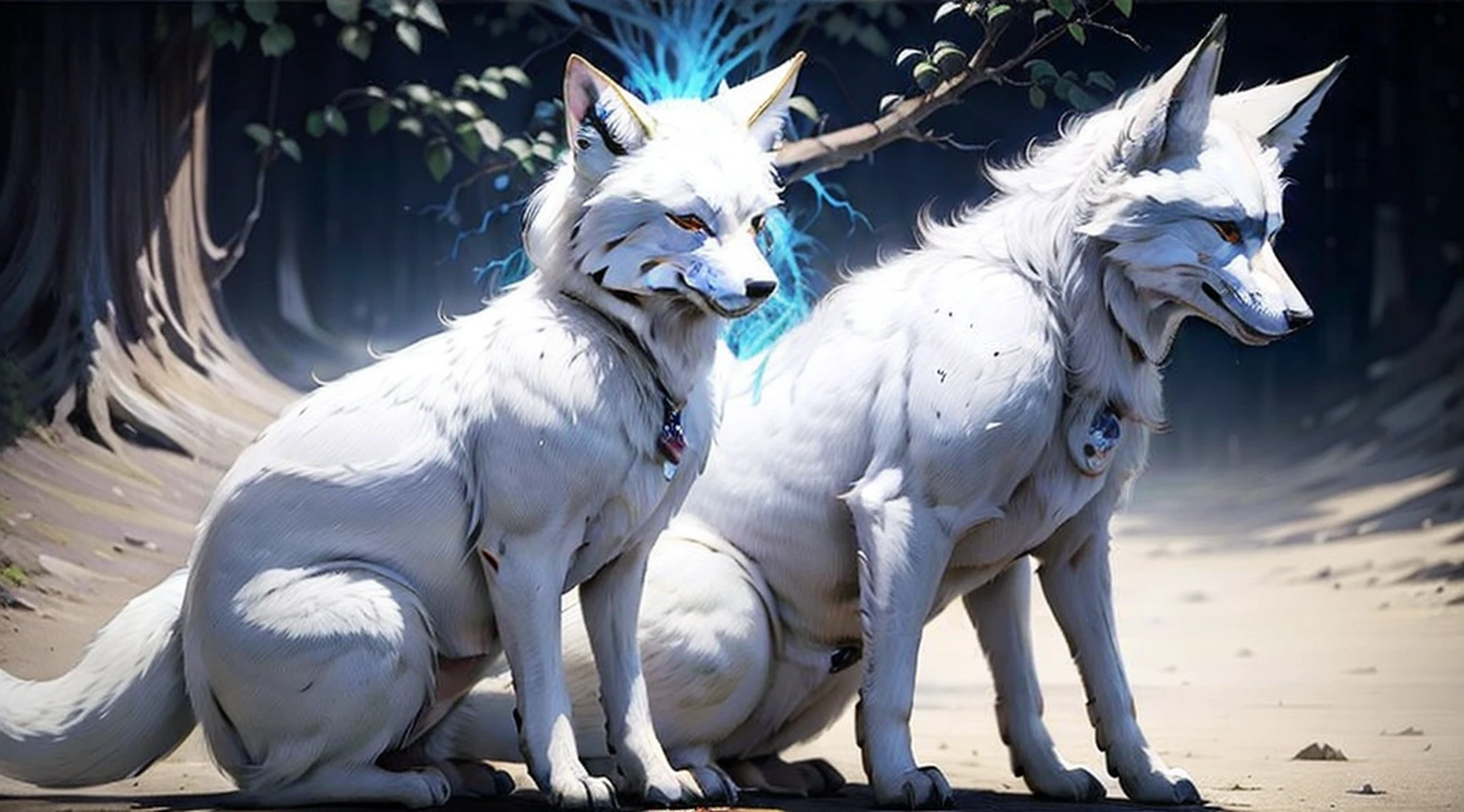 Drawing of a fox with white hair sitting on a branch, ethereal fox, nine-tailed fox, fox three-tailed fox, onmyoji detailed art, nine-tailed, beautiful artwork illustration, mythological creature, fox, beautiful Digital artwork, exquisite digital illustrations, mizutsune, inspired by mythical creatures Wildnet, digital art on pixiv, strong light, high contrast, horror movie theme, dark atmosphere