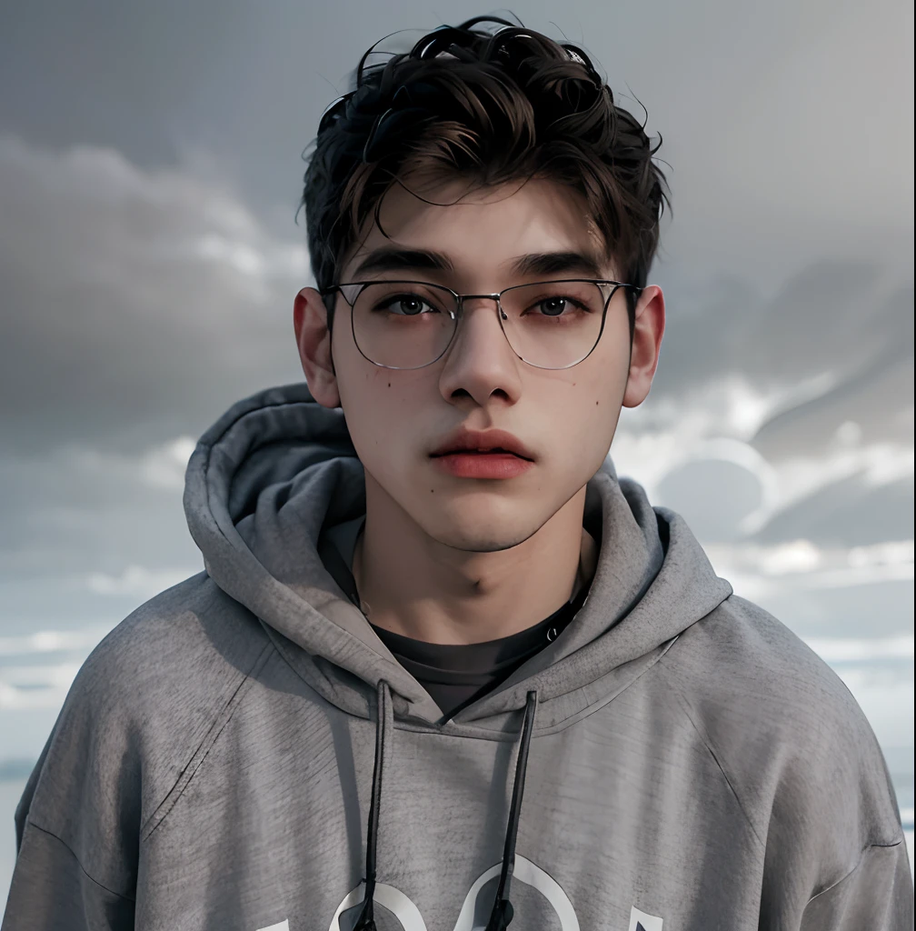 (masterpiece:1.2), (best quality:1.2), hyper realistic,highestres,absurdres,extremely detailed,volumetic,dramatic lighting,(frontal view),
20 year old boy,face,detailed eyes, grey hoodie, black t-shirt, with background ((sky))