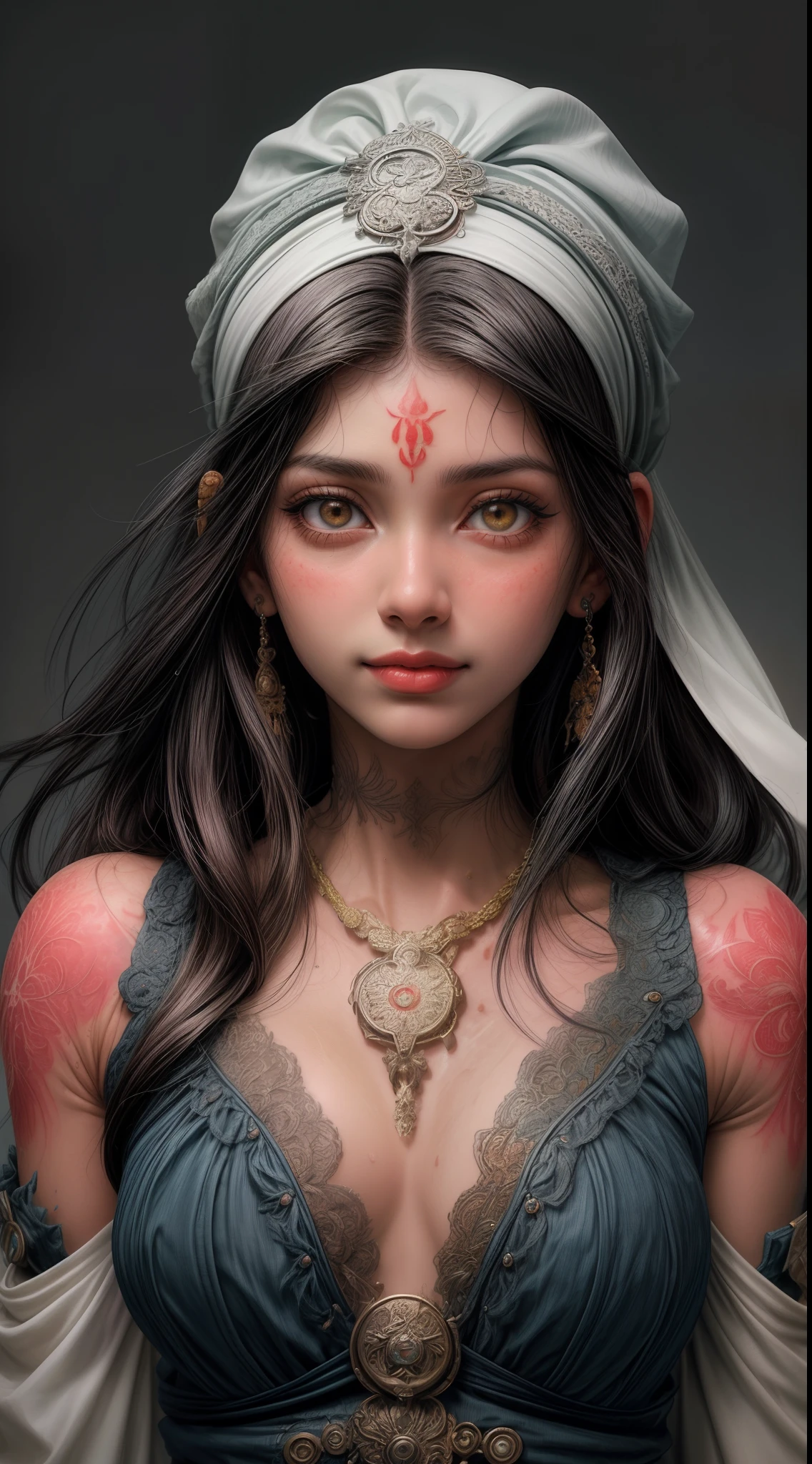 Retrato de uma jovem mexicana de 18 anos sorrindo, tatuagens , olhos grandes azuis,boca carnuda com batom vermelho, with the medallion on the neck,brinco, penetrante , seios grandes, sweaty skin with imperfections,Tatuada no rosto, ((cabelo curto franja )),( wearing a headscarf)detalhes intricados ( 8k super realista)
