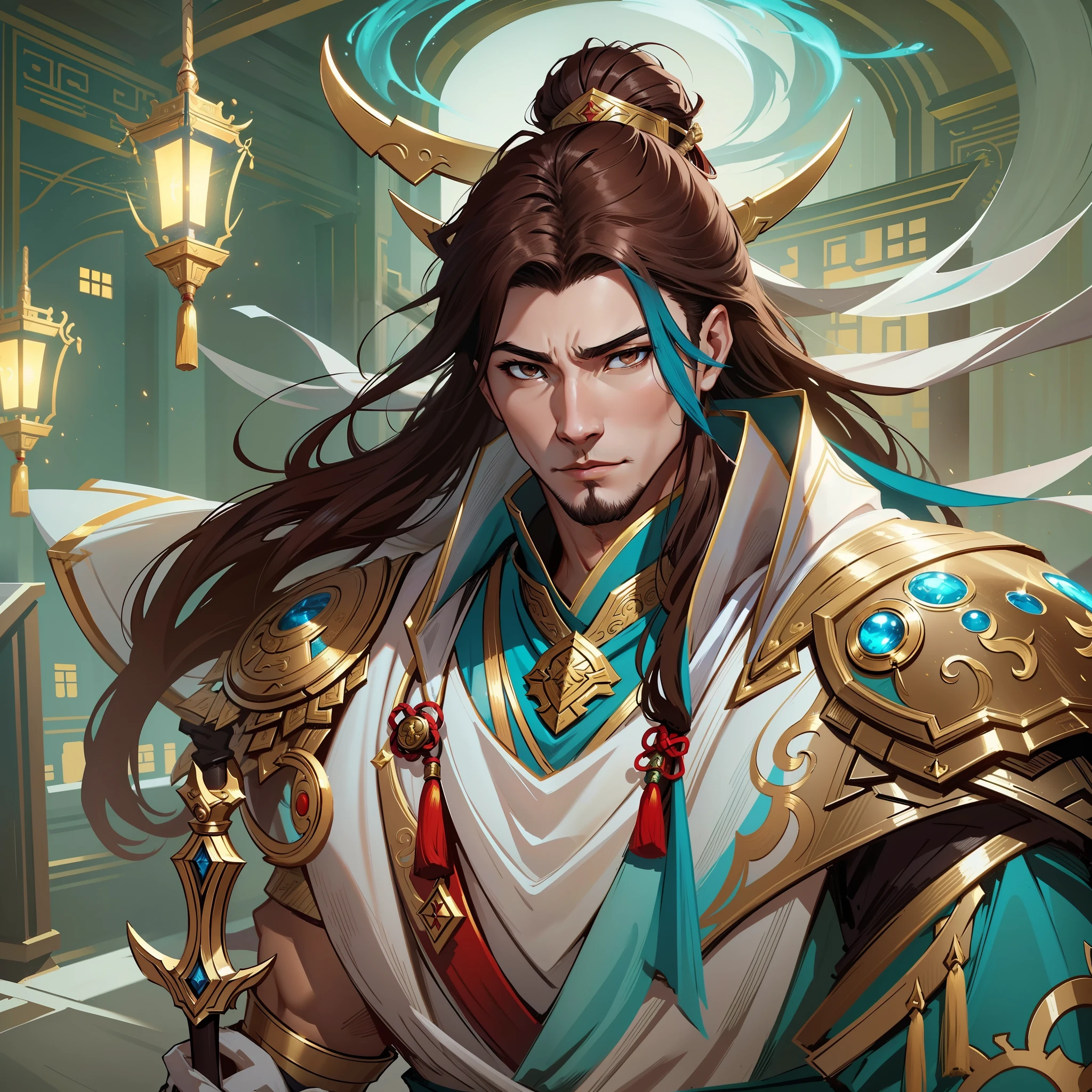 a close up of a strong man in his 30's, with brown eyes and scruffy brown hair, wearing a white and blue mage's robes, a hero with brown eyes, male holding a bo staff, mage with light magic, standing in a chinese temple, new costume concept design, in the style of blade and soul, full body character concept, detailed character design, inspired by Yang Jin, inspired by Li Mei-Shu, chinese costume, inspired by Lan Ying, inspired by Sim Sa-Jeong, inspired by Li Tang, lunar themed attire, costume with gold accents, inspired by Ju Lian, colored concept art, highly detailed character design, highly detailed face, inspired by Ai Xuan, very highly detailed face, unreal engine render, final fantasy 14 style, inspired by Leng Mei