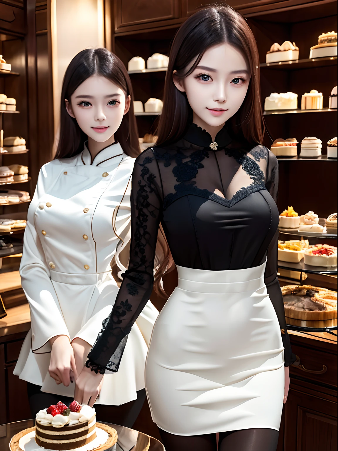 masuter piece, best qualtiy, ((Real model footage)), 8K picture quality, ((1 persons)), Extremely Delicately Beautiful, magnifica, Official art with attention to detail, (Cute girl at 18 years old), (Petite and beautiful girl), (japanese beautiful woman), ((perfect women figure)), , Slim waist,, Black hair, (((Cute long sleeve pastry chef costume))), Cooking clothes, Whole cakes, taller, cake shop, ssmile,