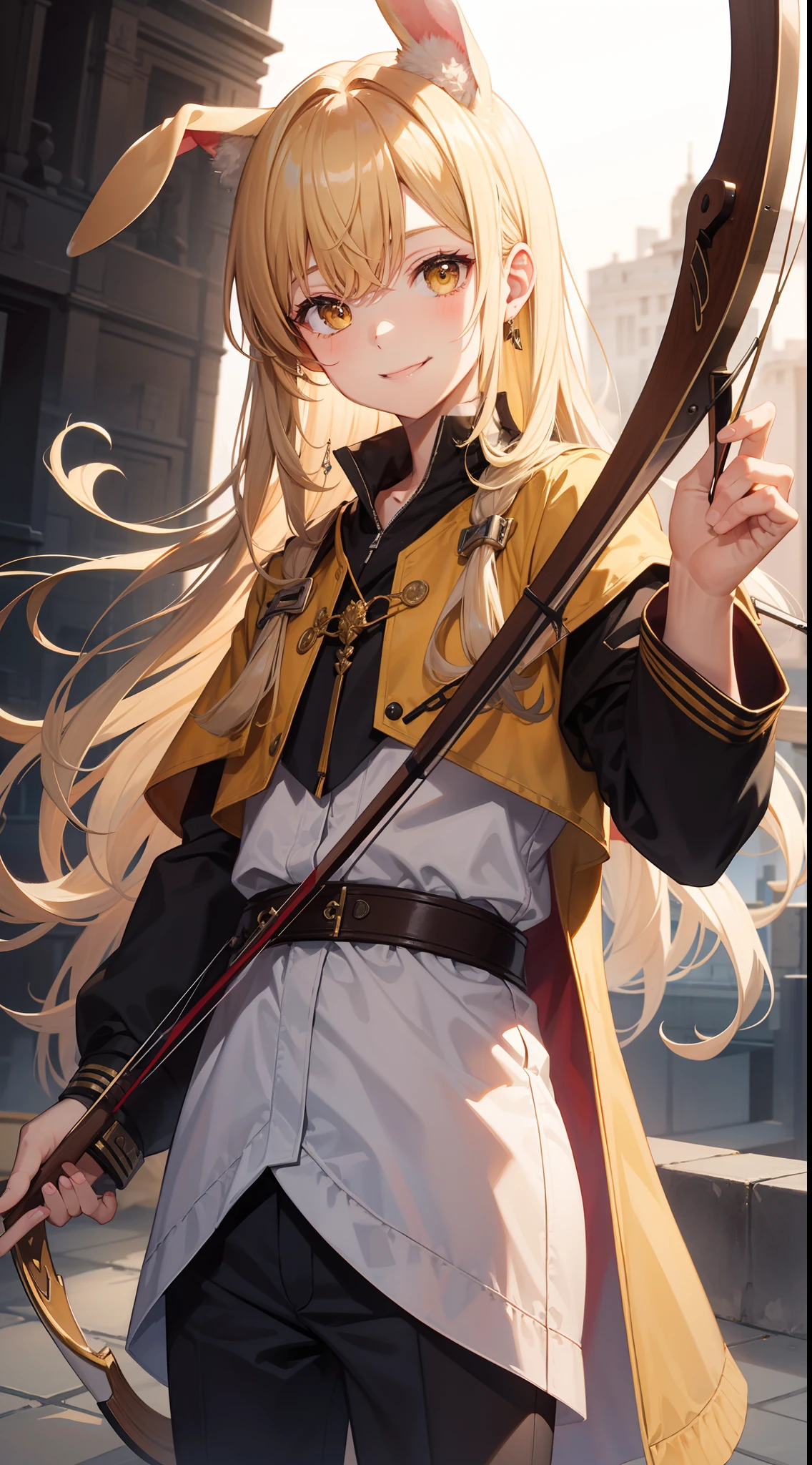 Young guy, blonde hair with brown strands, Yellow eyes, brown rabbit ears, Smile, Bow and arrow, Masterpiece, hiquality