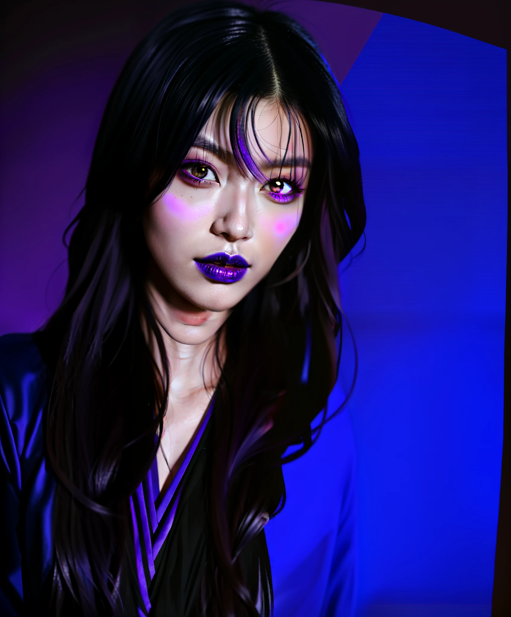 Kizi，23years old，Asian people，Works of masters，Best image quality，Higher quality，high detal，超高分辨率，8K分辨率，Exquisite facial features，schoolgirls ，Glowing eyes，long whitr hair，the detail， ，[[Look away，Look to the side，Emphasize homosexuality and pay attention to every detail ，Purple magic，Purple lipstick，Purple-black makeup，Purple magic costume with spikes，jeweled accents，Spiked decoration，Behind is the magic mirror，Demon King