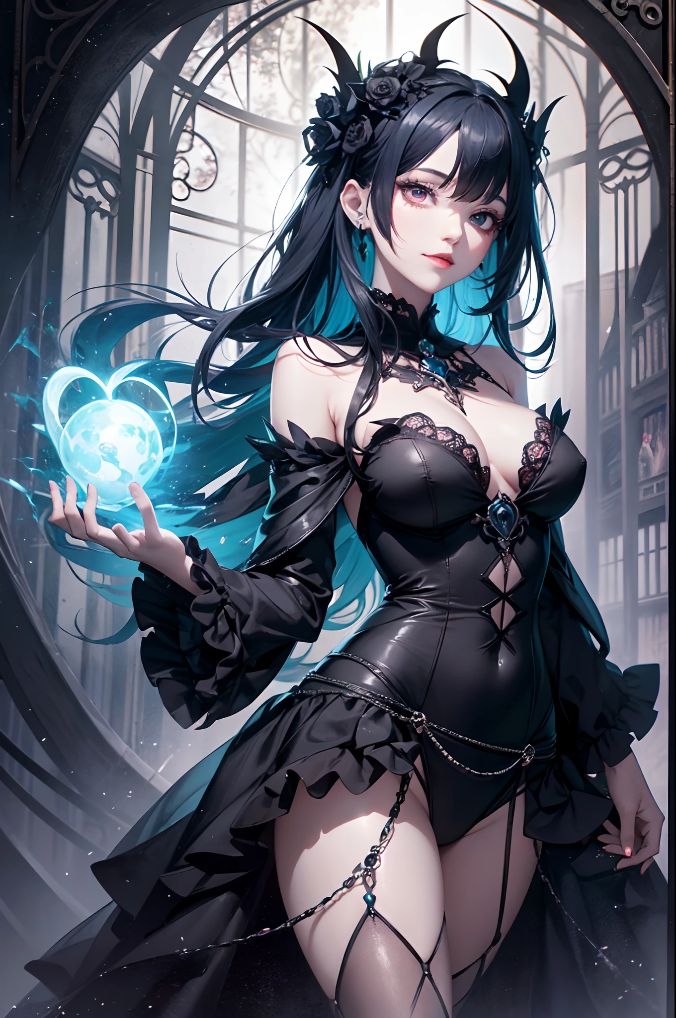 In this captivating scene, we come across a young woman who exudes the very essence of goth beauty. She stands confidently, her appearance reflecting her edgy goth vibes. Adorned in lace clothing, her dress delicately embraces her figure, while bows and ruffles in dark shades of black add a touch of elegance to her ensemble.
What immediately catches the eye is her striking blue hair, cascading down her back in wild waves. Complementing her hair, her captivating red eyes pierce through the darkness, hinting at a mysterious and alluring nature. Enhanced by her red lips, her smile is surprisingly warm and happy, contrasting the stereotypical expectations associated with her gothic aesthetic.
As we venture deeper into her surroundings, we find ourselves in the heart of a witch’s lair, an alchemy room filled with ancient books, potions, and enchanted artifacts. The color palette of the setting amplifies the eerie ambiance, with dominant shades of red, black, and gray. The air is thick with an evil and dynamic energy, the very essence of the witch’s realm.
Our goth protagonist stands amidst this wicked atmosphere, holding two intricately designed skulls in her delicate hands. The skulls, with their ornate details and mystical symbols, are a testament to her deep connection with the realms of magic and the supernatural. Behind her, a lush and enchanted garden thrives, hinting at her affinity for nature and the fantastical.
Every detail in this full-body cinematic shot is meticulously portrayed, ensuring a truly immersive experience. The scene comes alive with impeccable attention to detail, capturing the enchanting sparkles of magic that dance around the goth girl, creating an air of mystique and wonder.
Overall, this prompt offers a captivating glimpse into a world where beauty meets darkness, where goth aesthetics merge effortlessly with a sense of happiness and mystery.