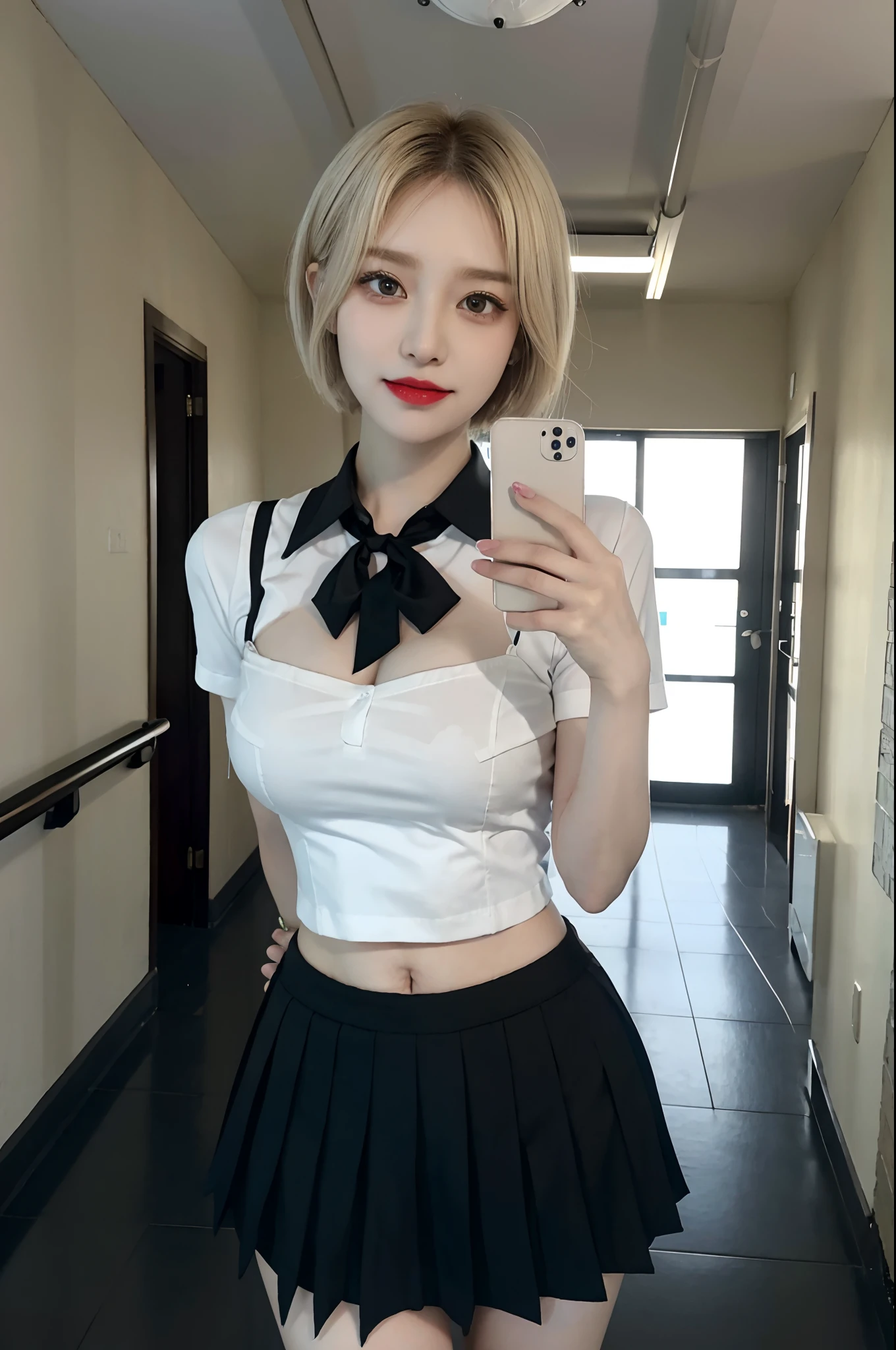Korean school uniform，Summer uniform shirt，Ribbon Ties，a skirt，School Classroom，school stairs，Chest thrust pose，8K raw photos，A high resolution，-yeld So Korean，very large round breasts，，beautiful eyes in detail，long eyelasher，beautiful double eyelid，eye shadows，eyes liner，Elongated eyes，Elongated eye shape，Sanpaku eyes，evilsmile，Evil expression，Beautiful and very thin legs， Beautiful and very thin thighs，Random short hair，Hair tied behind the head，耳Nipple Ring，Bright blonde hair，Teasing expressions，lipsticks，long eyelasher，Black eyeliner，cleavage，Heavy makeup，Selfie angle