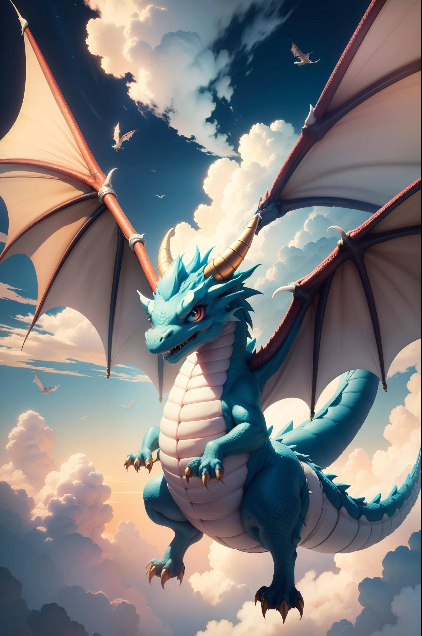 Adorable cartoon dragon with big round eyes, playful pose, flying in the sky, vibrant colors, fluffy tail, magical atmosphere, dreamy clouds, whimsical style, high level of detail, vibrant colors, 8K resolution