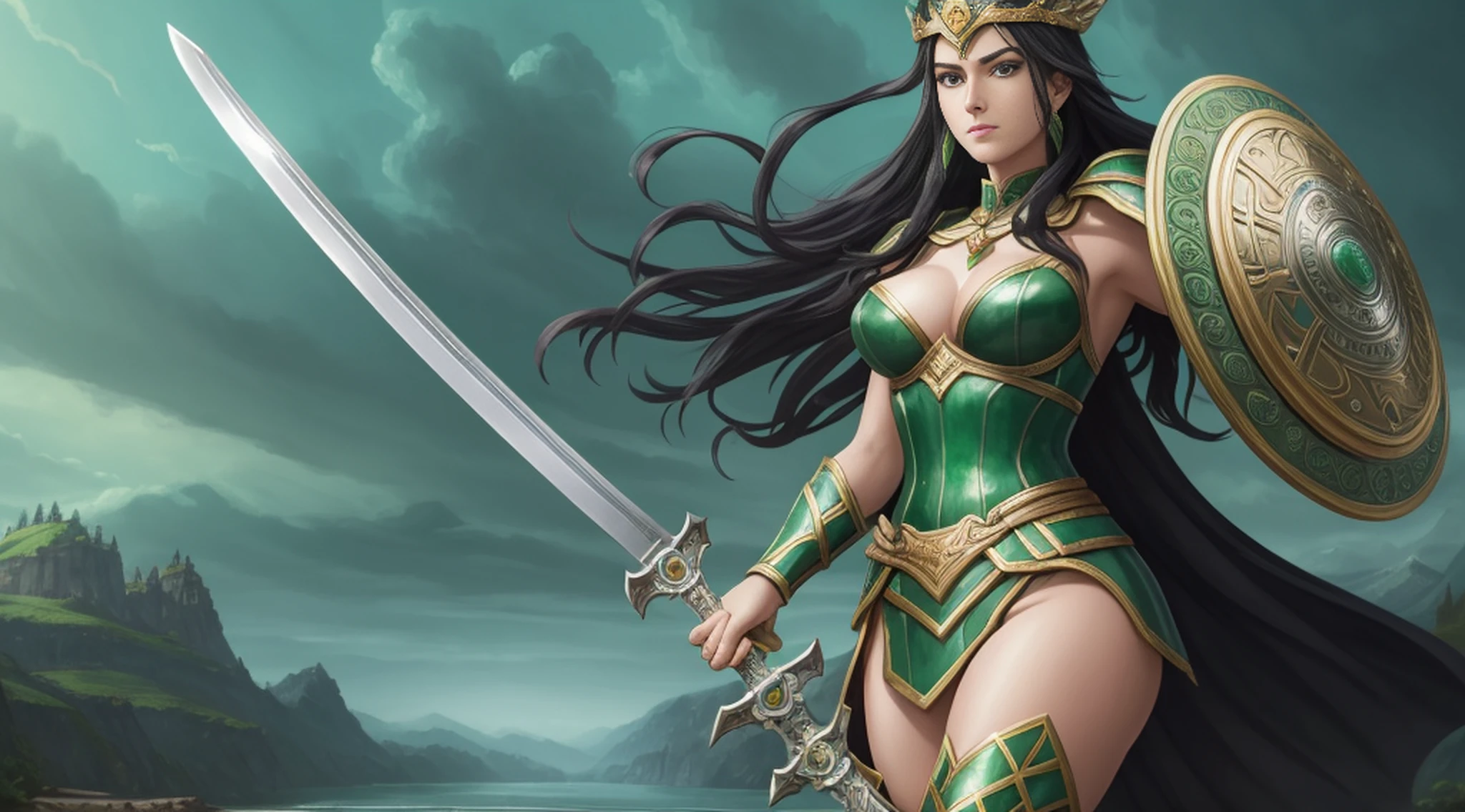 In an epic setting, A tall warrior queen woman, with emerald green armor, with black hair, green eyes, female face, (holding a sword and shield), distance in a landscape, water, (extremely detailed 8k CG unit wallpaper), most beautiful artworks in the world, majestic oil painting professional, intricate, high detail, sharp focus,  dramatic and photorealistic painting art --auto