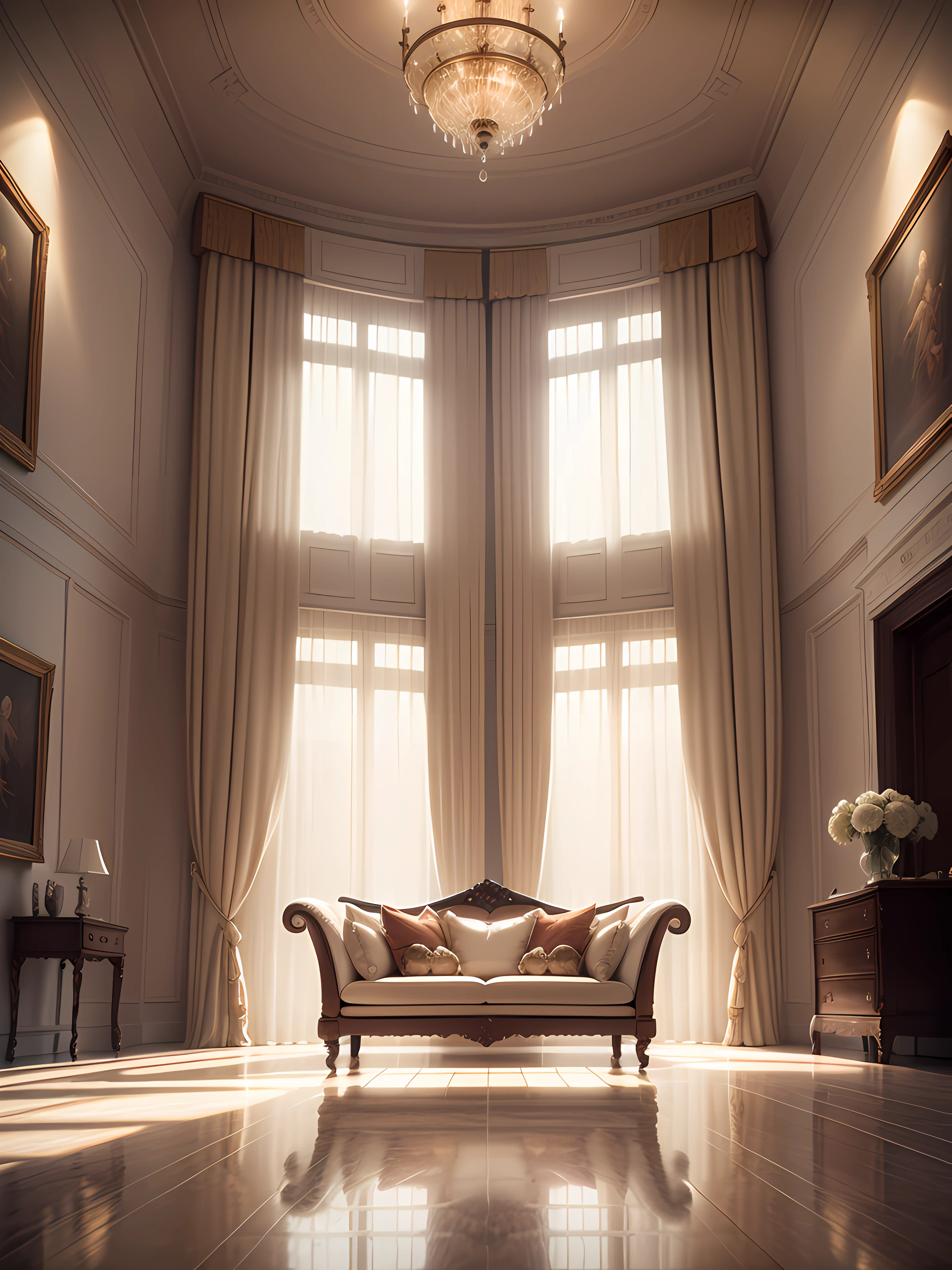 High-end textured curtains for luxury homes，European sofa，floor to ceiling window，tmasterpiece、Epic composition，Cream wind、Cinematic lighting effects，offcial art，filmposter