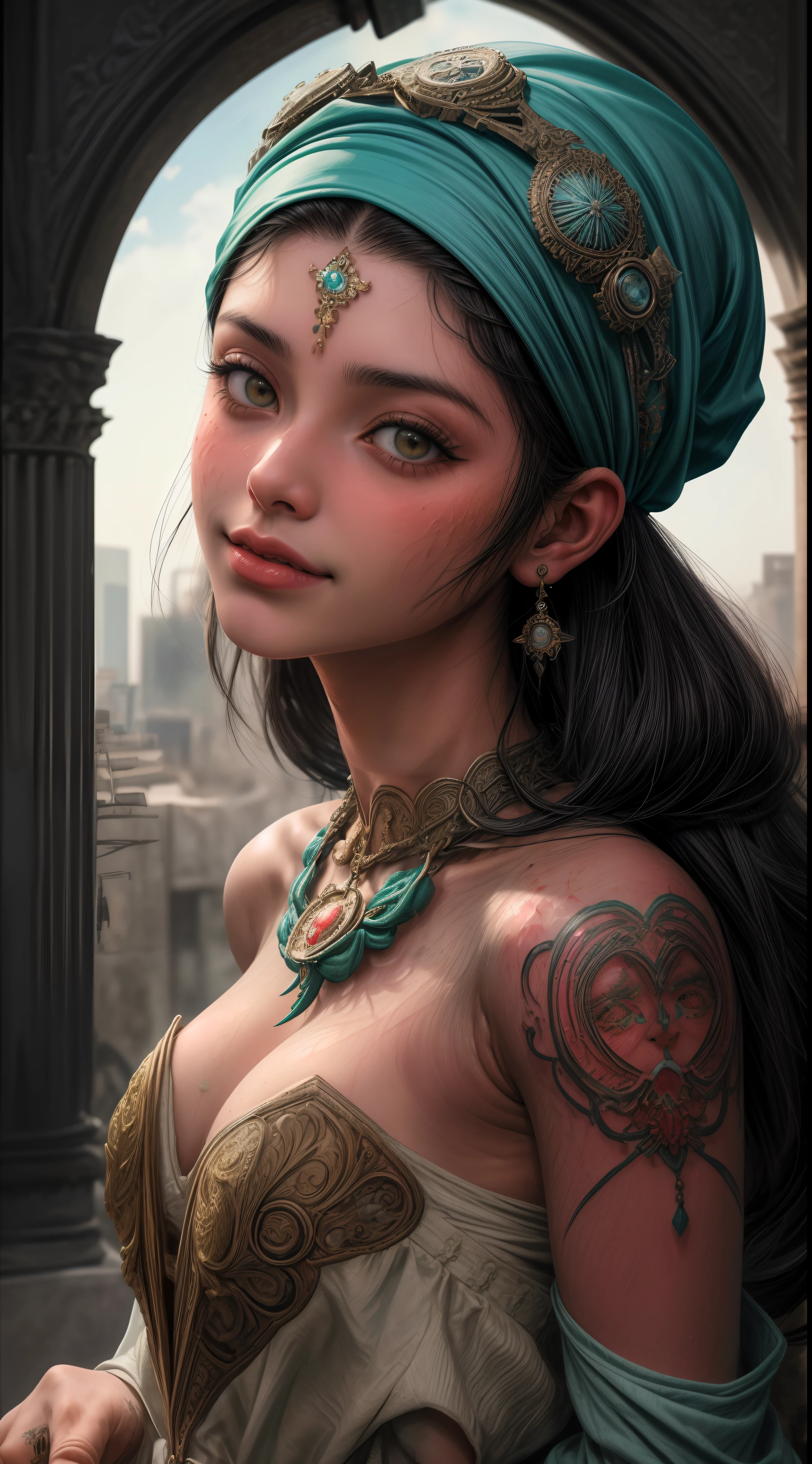 Retrato de uma jovem mexicana de 18 anos sorrindo, tatuagens , olhos grandes azuis,boca carnuda com batom vermelho, with the medallion on the neck,brinco, penetrante , seios grandes, sweaty skin with imperfections,Tatuada no rosto, ((cabelo curto franja )),( wearing a headscarf)detalhes intricados ( 8k super realista)
