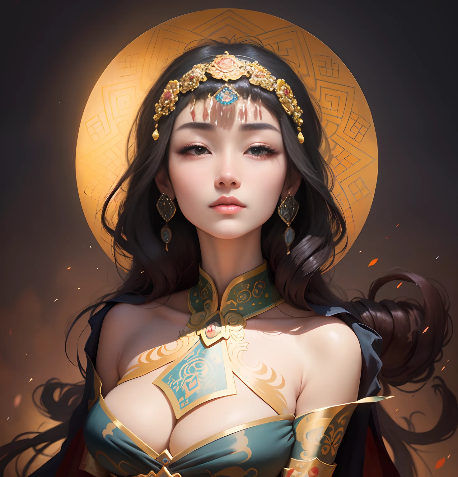 (High detail animated cartoon style,Fine beauty, Wear Mongolian clothing, Be conservative, The painting style is like Mucha)Looks like Yang Ying。