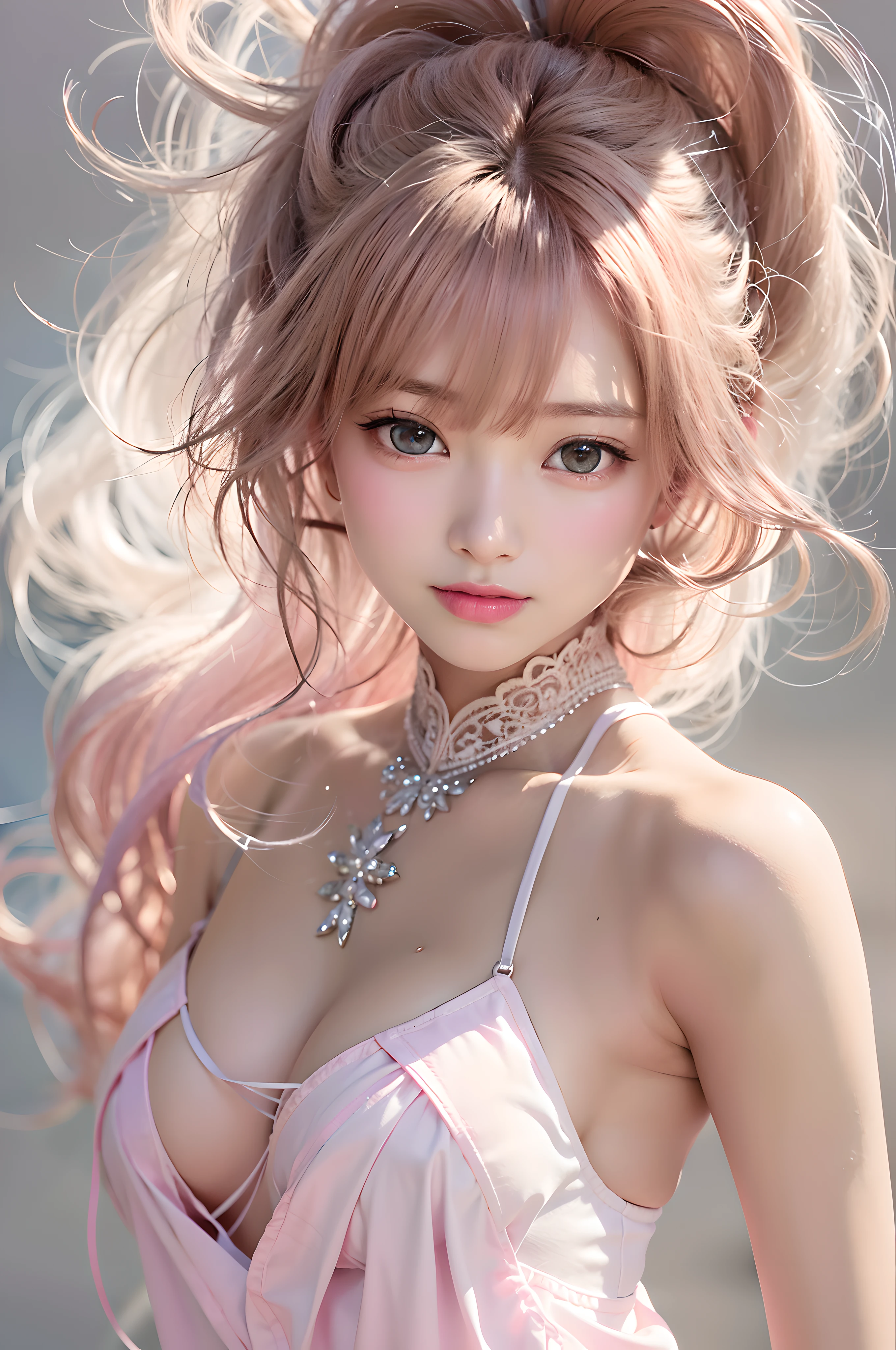top-quality、超A high resolution、(Photorealsitic:1.4)、8K分辨率、(Good human anatomy)、girl with、(Light brown hair with light pink inner:1.35)、(pony tail hair:1.3)、(Hair fluttering in the wind:1.3)、(Realistic hair:1.2)、(Japan girl at 17 years old:1.2)、(realisticeyes:1.2)、(beautiful countenance:1.3)、natural make up、Light Lip Color、bangss、Round Face L、drooing eyes、the perfect body、Transparent skin、de pele branca、large full breasts、(Opening of the mouth and tongue:1.24)、(Beautiful Detail Tan:1.2)、(upper angle:1.3)、(White ONE PIECE DRESS:1.2)、all-fours、