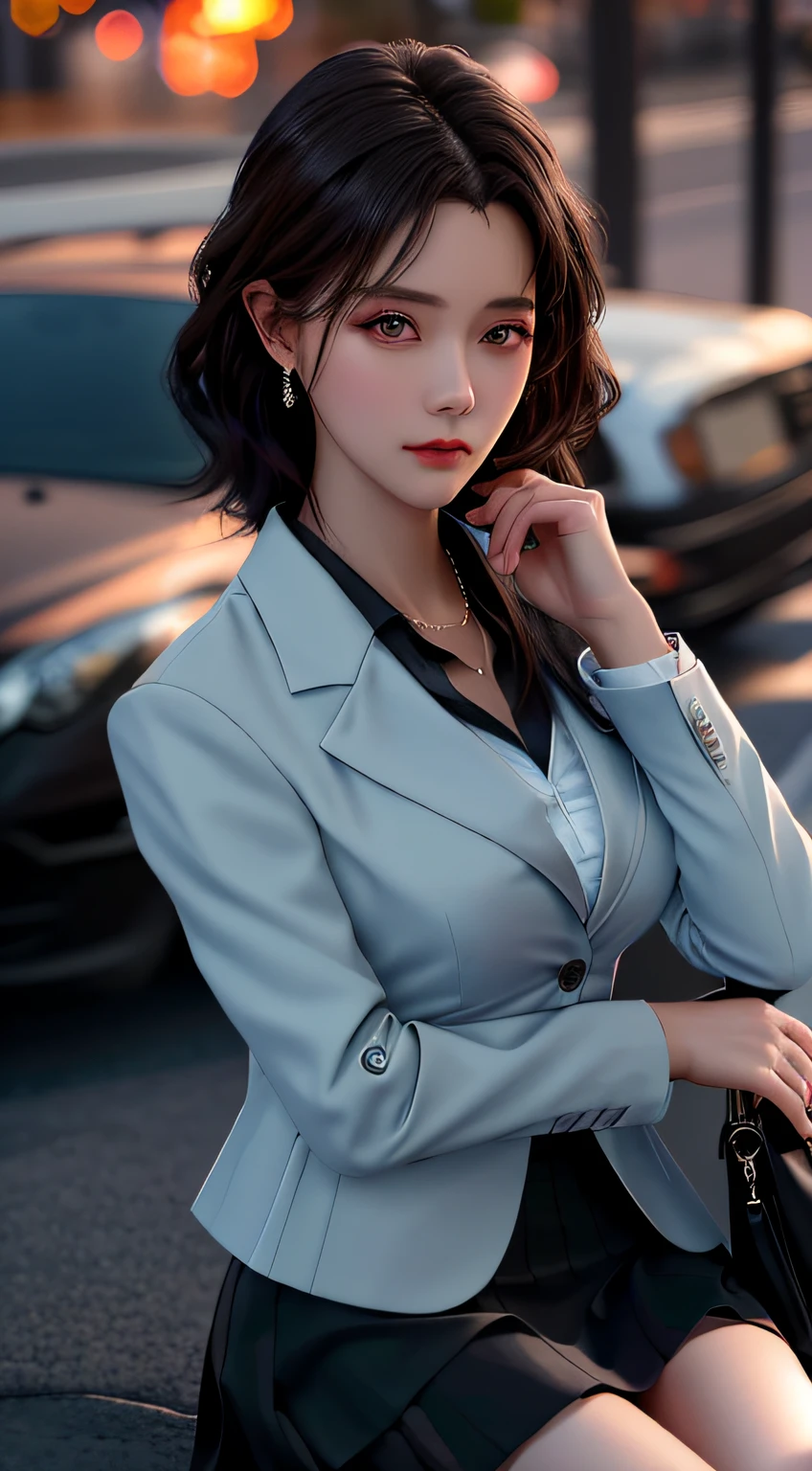 best quality, masterpiece, 1girl, Beautiful face, (photo realistic:1.3), rim lighting, (high detailed skin:1.2), 8k uhd, dslr, high quality, high resolution, 4k, 8k, Bokeh, absurdres, best ratio four finger and one thumb, (realistic:1.3), cute 1girl, wearing black formal blazer, medium breasts, short skirt,
