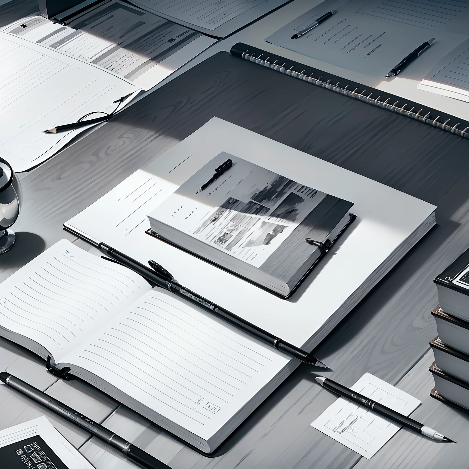 masterpiece、top-quality、High-quality images、hight resolution、8K、Realistic、Monochrome grayscale、、line-drawing、Contour extraction、Accurate perspective、Applicable Shading、Medium omission、unmanned、item((On the study desk、stationery、notebook、Writing utensils、Enlarge stacked books、From directly above、unmanned):1.5