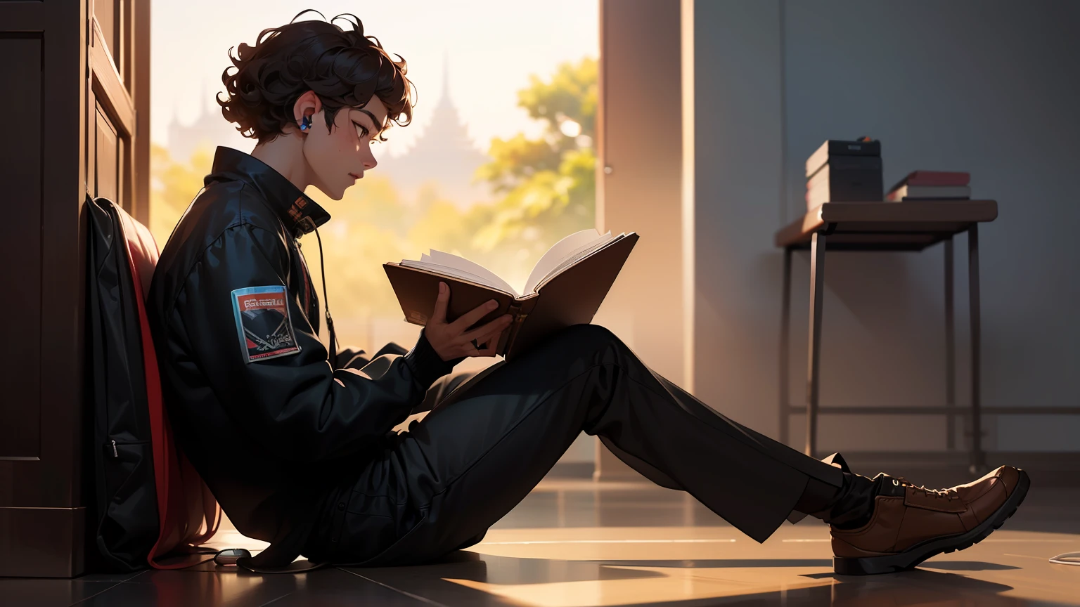 Masterpiece, Best quality: 1.5), Ultra-detailed, Soft light, Night light, Cinematic light, filmgrain, (Depth of field), (1boys, Ground, cyber punk perssonage: 1.5), (((full bodyesbian)) ), (cheerfulness: 1.1),((Dark skin tone:1.0)), ((Asian boys)), (Student), Silhouette,  (Detailed face), ( ((Curly hair))) ,  ( mixtape: 1.4 ), (Earphone), (sitting down on the floor), (In profile), (Reading a book)