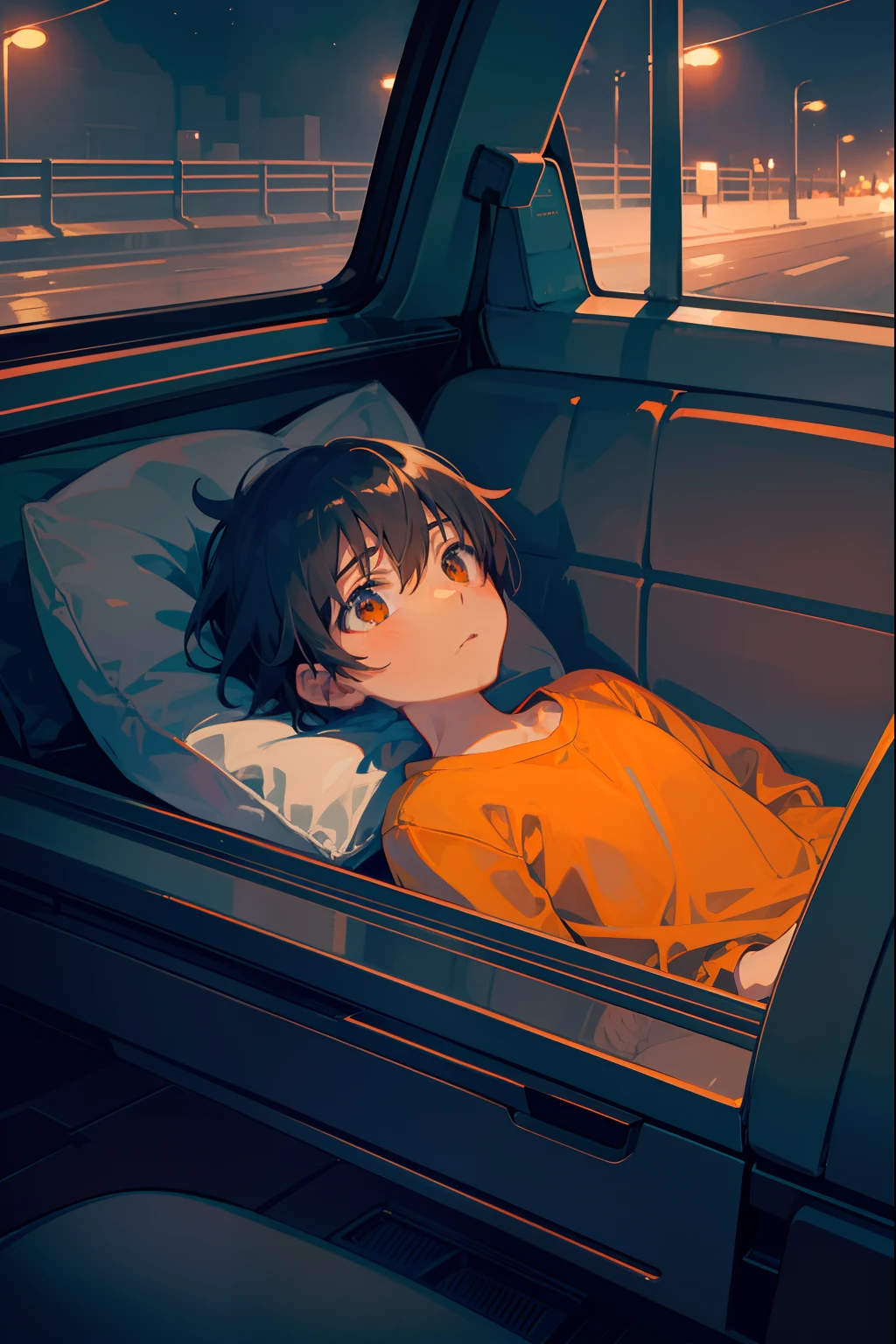 In the style of Makoto Shinkai, super fine illustration, best quality, From the rear seat window of a car, the glow of orange streetlights can be seen. Inside, a child lying down gazes at the orange streetlights. The warm and nostalgic ambiance of the orange lights against the backdrop of the night captivates the child's attention.