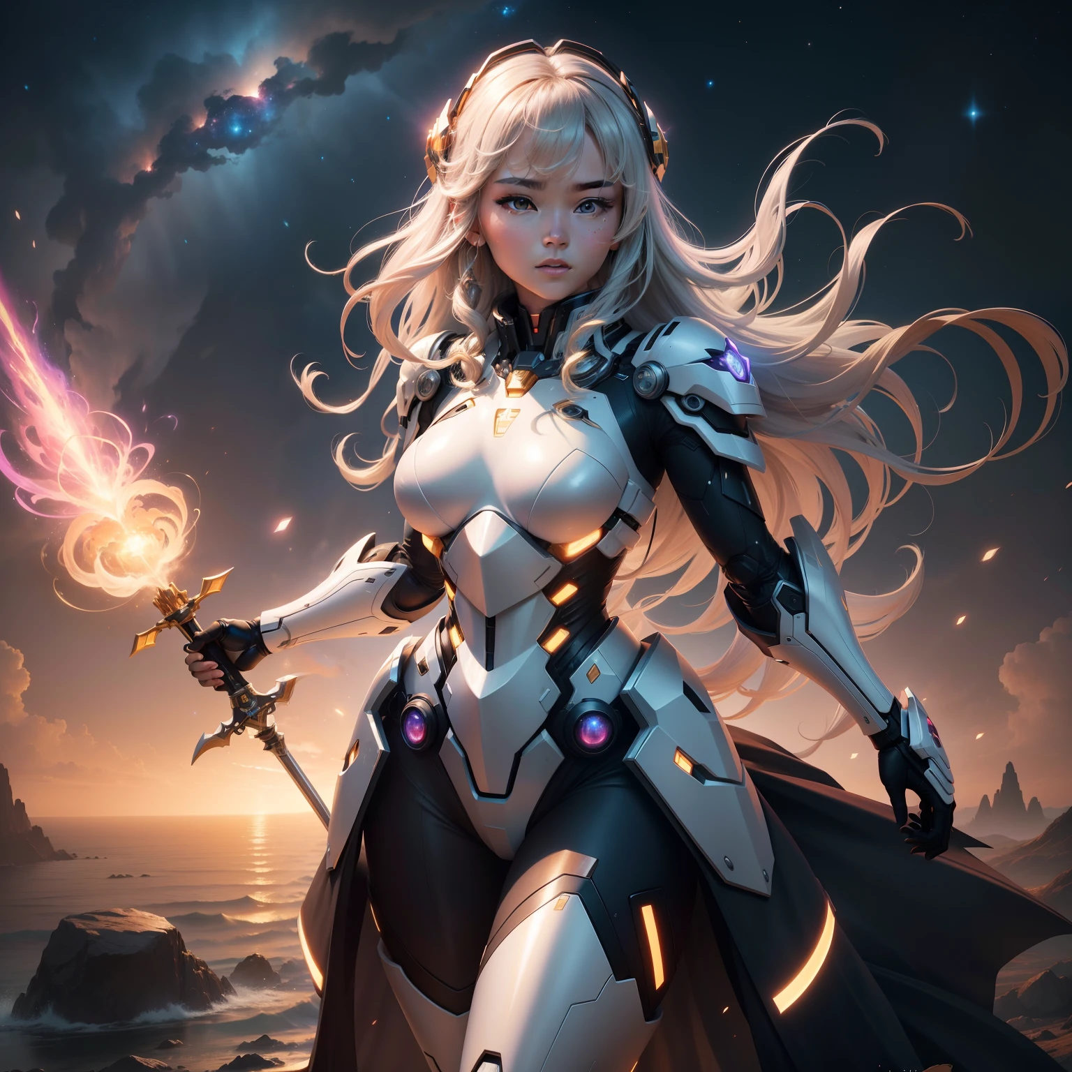 ultra wide angle shot, close up shot, a masterpiece， the best quality， High Quality， （futurism：1.1）， （A paladin holding a light infused sword, light magic, divine, magewave, silver and gold）， movie lights， （Exquisite future）， Beautiful and beautiful， Ultra detailed， Great composition， floating， Depth of field， （Very detailed CG，Unity 8k壁纸）， （Beautiful detail background）， Beautiful hair details， dramatic light， mecha，Bestquality，ultrahighres，photorealistic#] glowing cloud, fractal nebula threads, cosmic entities, celestial, cosmic, vibrant and vivid, swirls, twirling, unrealistic, high contrast, symobolism, magical, mystical, mystifying, hyperrealistic, oversaturate, colorfully, cosmic play, celestial being (Strong mecha suit)
