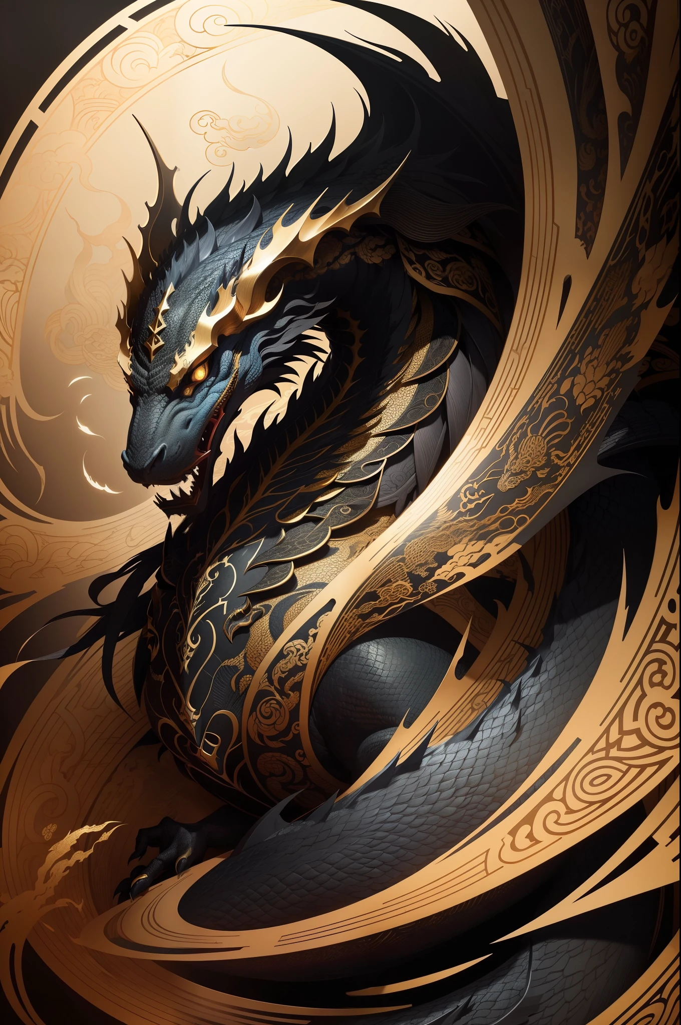 A close up of a dragon with a gold and black design - SeaArt AI