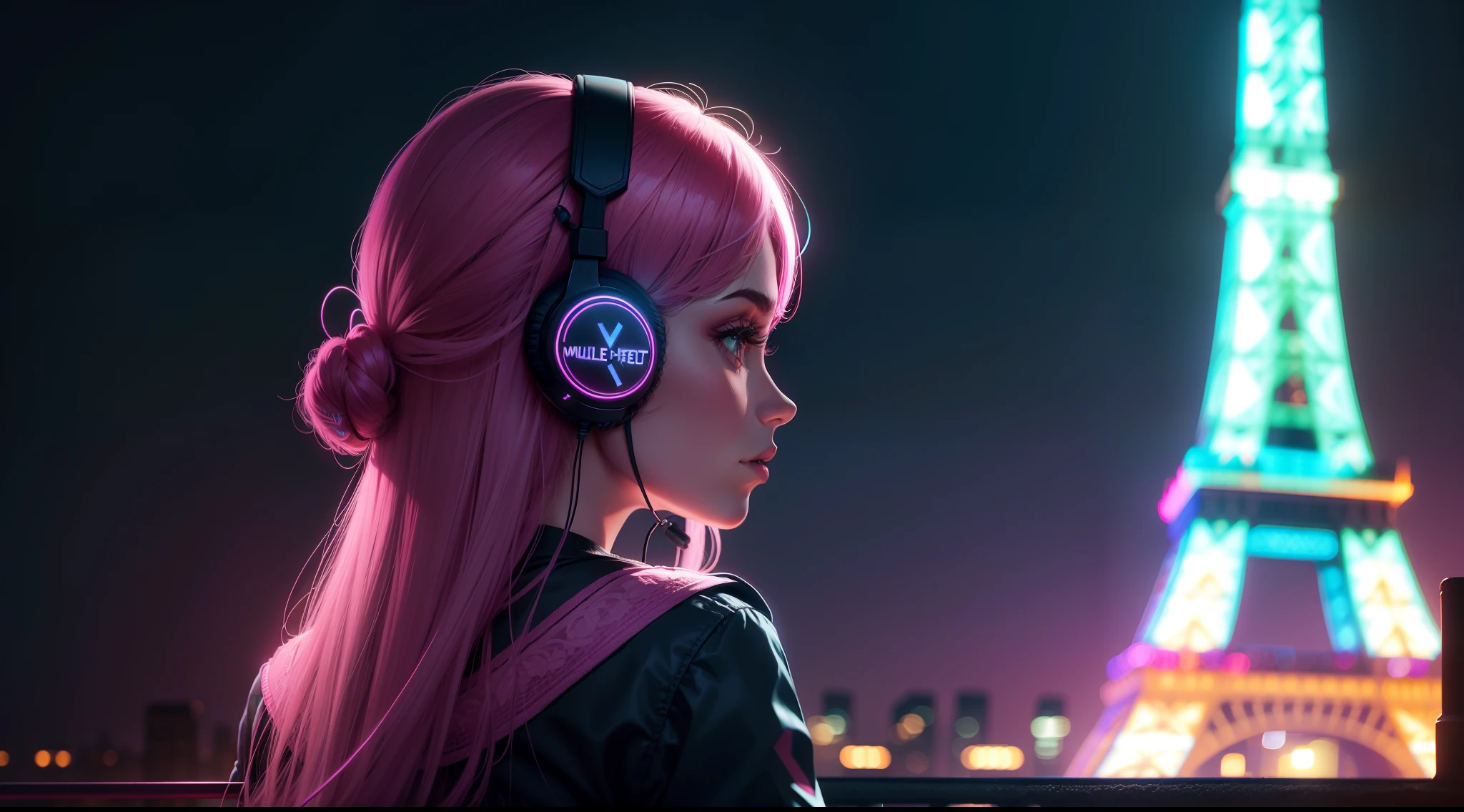 mulheres neon torre eiffel , com headphones 8k