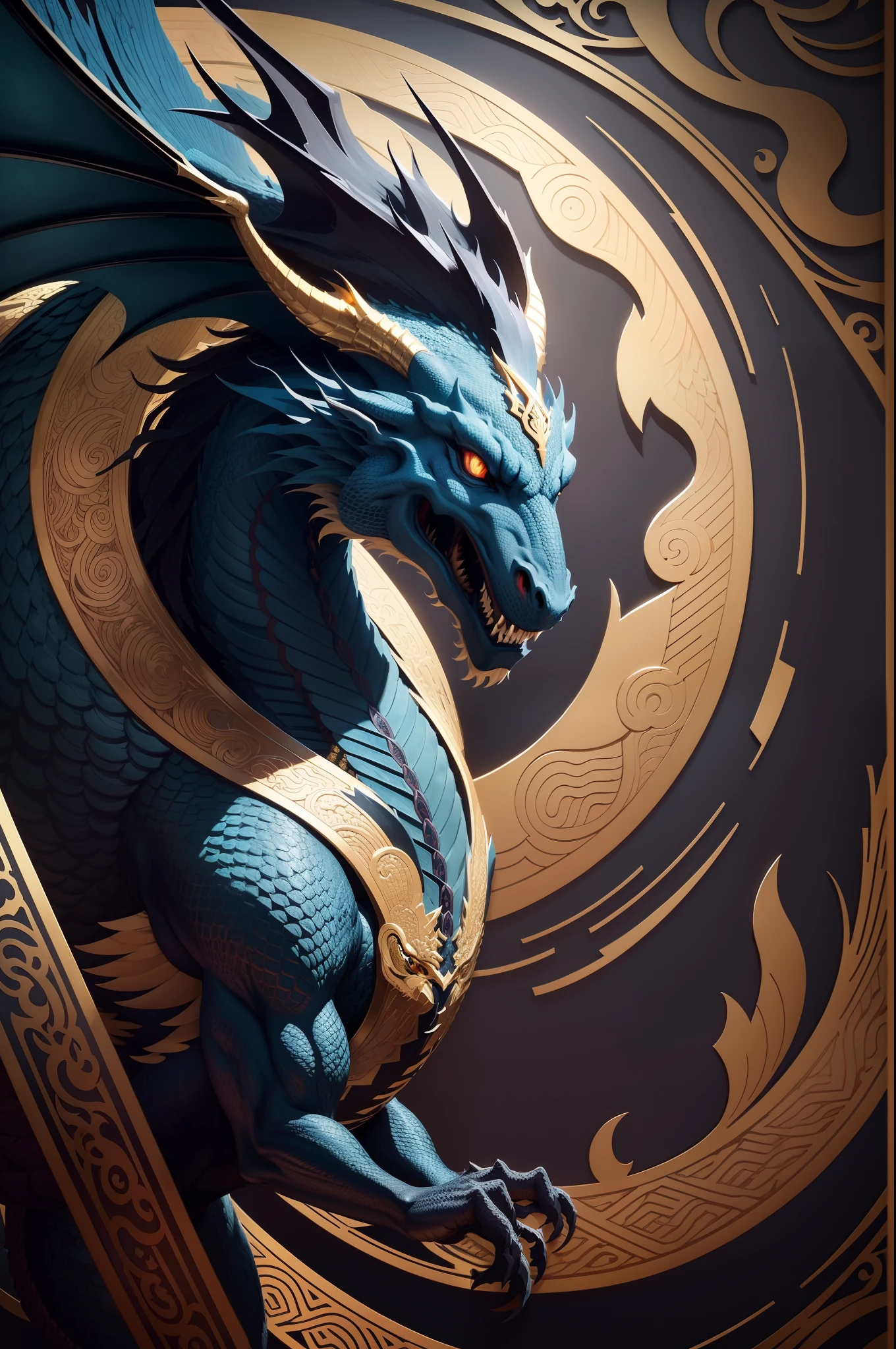 Dragon illustration with a papercraft aesthetic, intricate paper-cut details, mythical creature, majestic presence, vibrant colors, dynamic pose, flowing mane, sharp claws, detailed scales, traditional Chinese art influence, black background, gold accents, masterful shading, high contrast, intense gaze, digital art, 8K resolution.