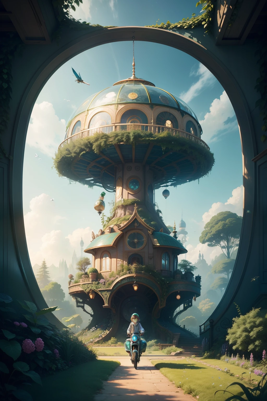 A sci-fi garden of the future，a  lovely kid giRiding a mechanical peacock with a very beautiful metallic sheen，Fly in front of a circular tree house in the garden，The scene is complex and vivid，beautiful with detail，high-definition picture quality
