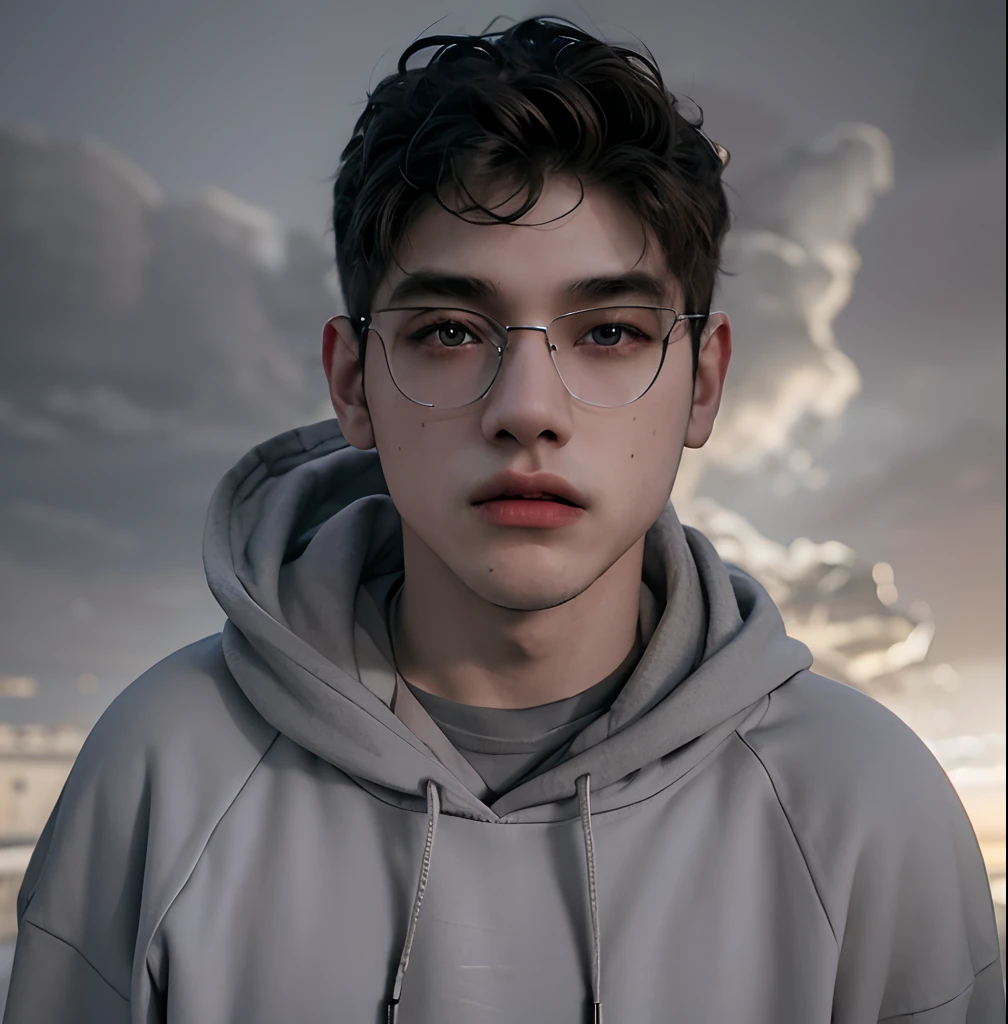 (masterpiece:1.2), (best quality:1.2), hyper realistic,highestres,absurdres,extremely detailed,volumetic,dramatic lighting,(frontal view),
20 year old boy,face,detailed eyes, grey hoodie, black t-shirt, with background ((sky))
