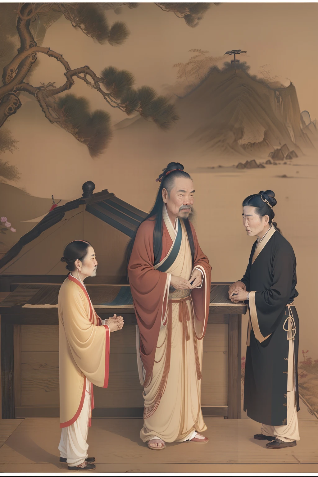 Zhang Jiuling elderly male，Tall，Long hair shawl，Wear Tang Dynasty costumes，The body is plump and full，Feel at ease，Stand in front of the wooden house，Admire the orchids that grow on the ground，The wooden house is at the foot of the mountain，Sunset，There are several hanging trees nearby。