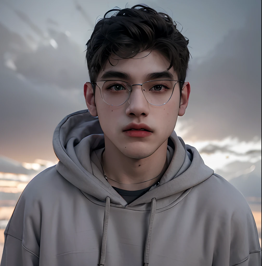 (masterpiece:1.2), (best quality:1.2), hyper realistic,highestres,absurdres,extremely detailed,volumetic,dramatic lighting,(frontal view),
20 year old boy,face,detailed eyes, grey hoodie, black t-shirt, with background ((sky))