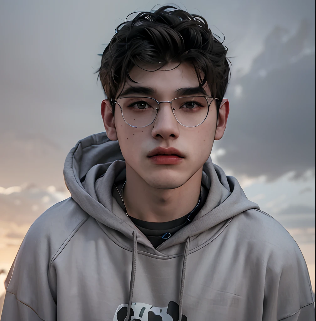 (masterpiece:1.2), (best quality:1.2), hyper realistic,highestres,absurdres,extremely detailed,volumetic,dramatic lighting,(frontal view),
20 year old boy,face,detailed eyes, grey hoodie, black t-shirt, with background ((sky))