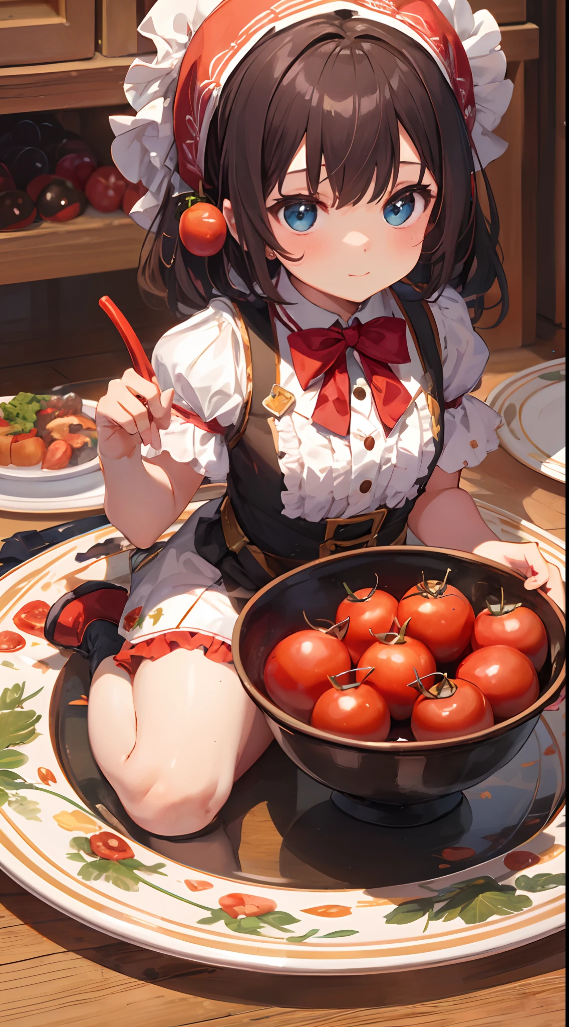 White plate, girl, dwarf, costume: Tomato, cosplay: Tomato, plush, (dwarf sitting on plate: 1.8), cute