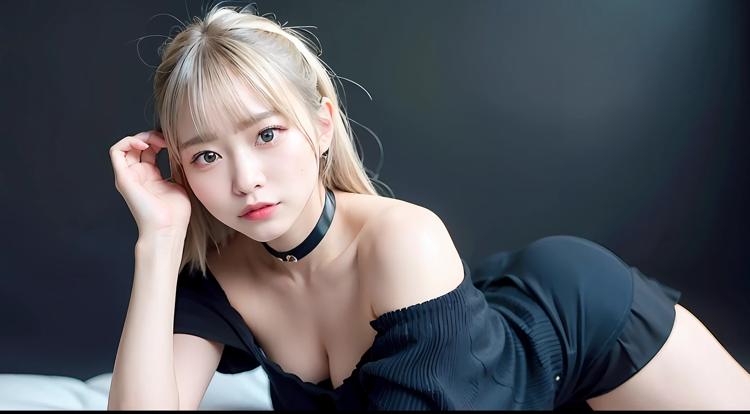 top-quality、超A high resolution、(Photorealsitic:1.4)、1 Japan Girl、Off-shoulder white shirt、Black tight skirt、Black Choker、(faded ash gray hair:1)、huge-breasted、looking at viewert、a closeup、A smile