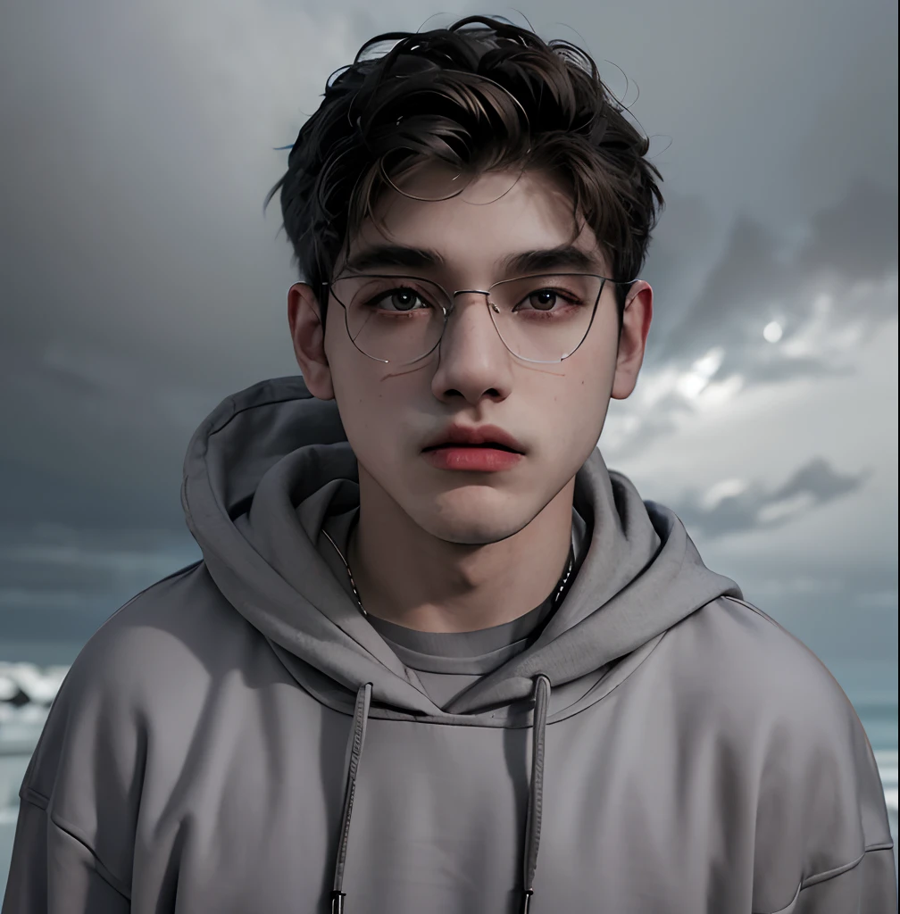 (masterpiece:1.2), (best quality:1.2), hyper realistic,highestres,absurdres,extremely detailed,volumetic,dramatic lighting,(frontal view),
20 year old boy,face,detailed eyes, grey hoodie, black t-shirt, with background ((sky))
