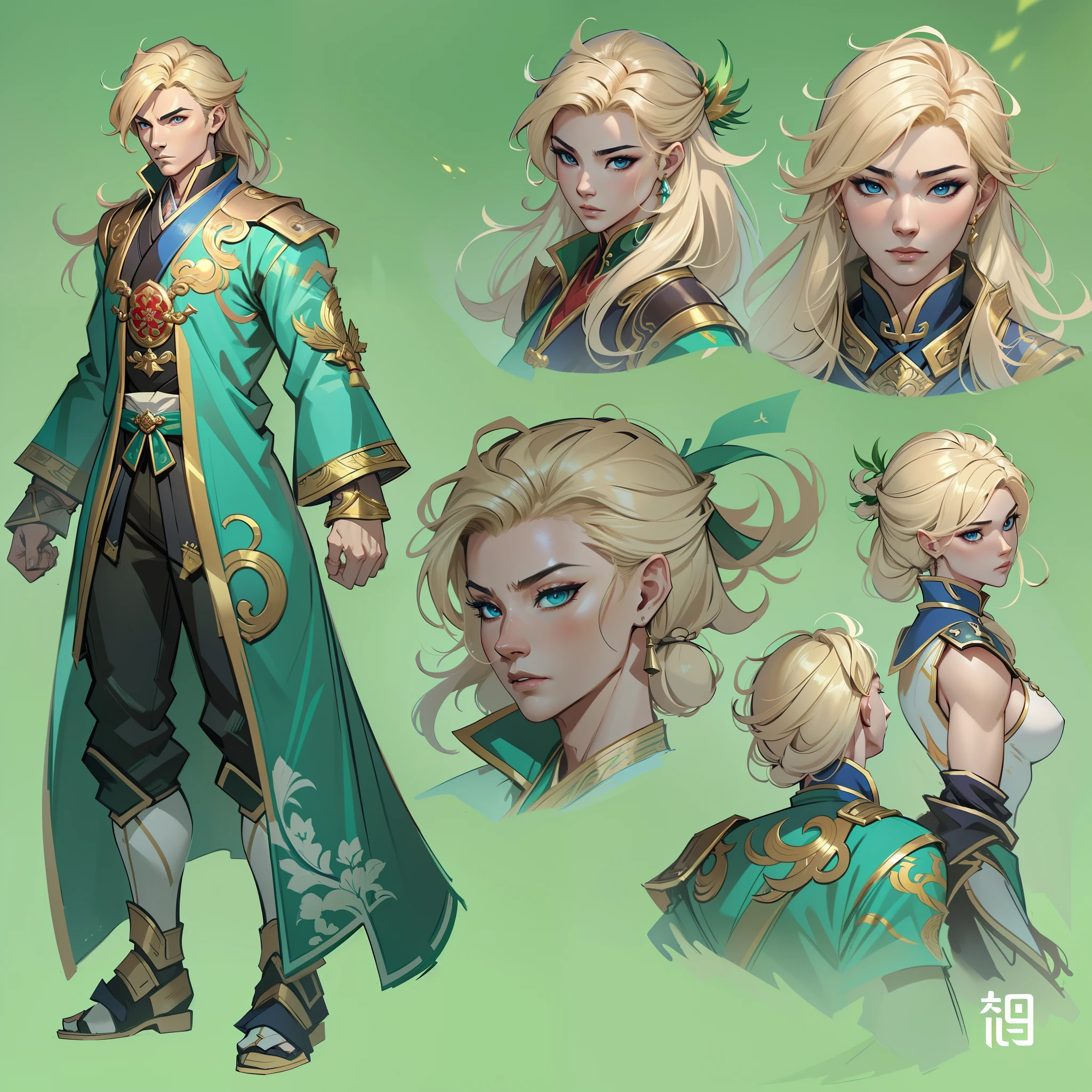 a close up of a strong man in his 30's, with hazel eyes and curly blonde hair, wearing a blue and green fighter's outfit, a hero with hazel eyes, male barehanded fist fighter, mage with air magic, standing in a chinese temple, new costume concept design, in the style of blade and soul, full body character concept, detailed character design, inspired by Yang Jin, inspired by Li Mei-Shu, chinese costume, inspired by Lan Ying, inspired by Sim Sa-Jeong, inspired by Li Tang, lunar themed attire, costume with gold accents, inspired by Ju Lian, colored concept art, highly detailed character design, highly detailed face, inspired by Ai Xuan, very highly detailed face, unreal engine render, final fantasy 14 style, inspired by Leng Mei