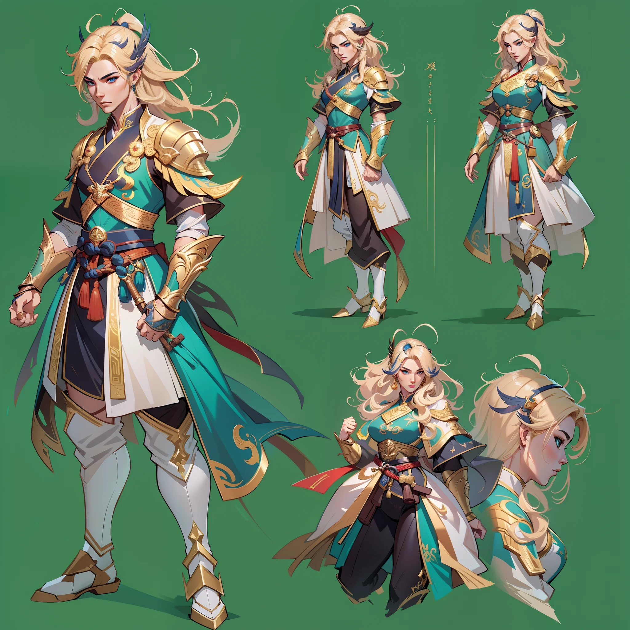 a close up of a strong man in his 30's, with hazel eyes and curly blonde hair, wearing a blue and green fighter's outfit, a hero with hazel eyes, male barehanded fist fighter, mage with air magic, standing in a chinese temple, new costume concept design, in the style of blade and soul, full body character concept, detailed character design, inspired by Yang Jin, inspired by Li Mei-Shu, chinese costume, inspired by Lan Ying, inspired by Sim Sa-Jeong, inspired by Li Tang, lunar themed attire, costume with gold accents, inspired by Ju Lian, colored concept art, highly detailed character design, highly detailed face, inspired by Ai Xuan, very highly detailed face, unreal engine render, final fantasy 14 style, inspired by Leng Mei