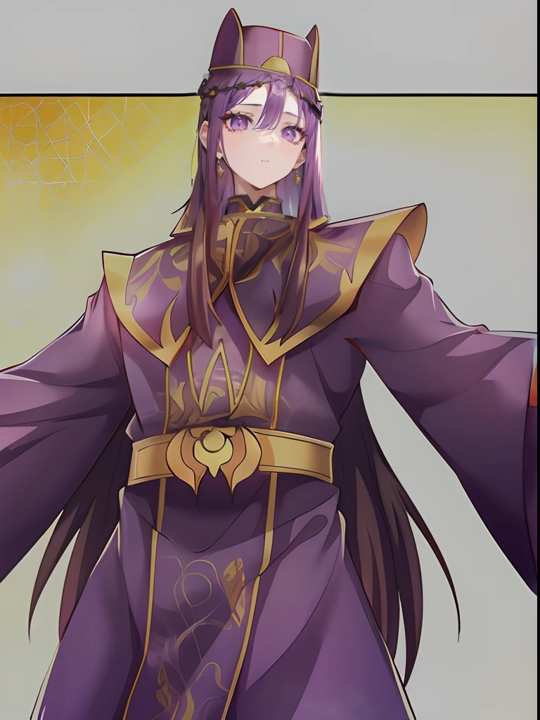 Dressed in purple and gold，Beautiful girl in official uniform，The hair is purple，long whitr hair，The pupils are crimson，The slender waist does not show the figure