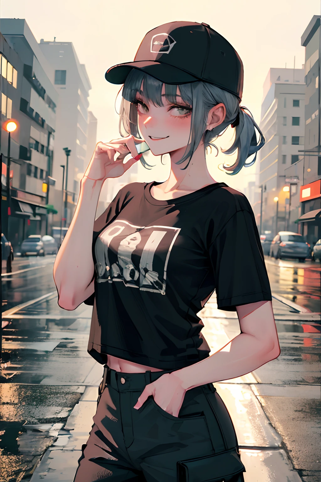 ultra resolution,
(photorealistic:1.3),
(1 slim girl), stylish girl, fashion,
young face, blush, (evil smile),
(slim) thigh,
baseball cap, earrings,
(black T-shirt), (baggy cargo pants),
gravure,
rainy city street