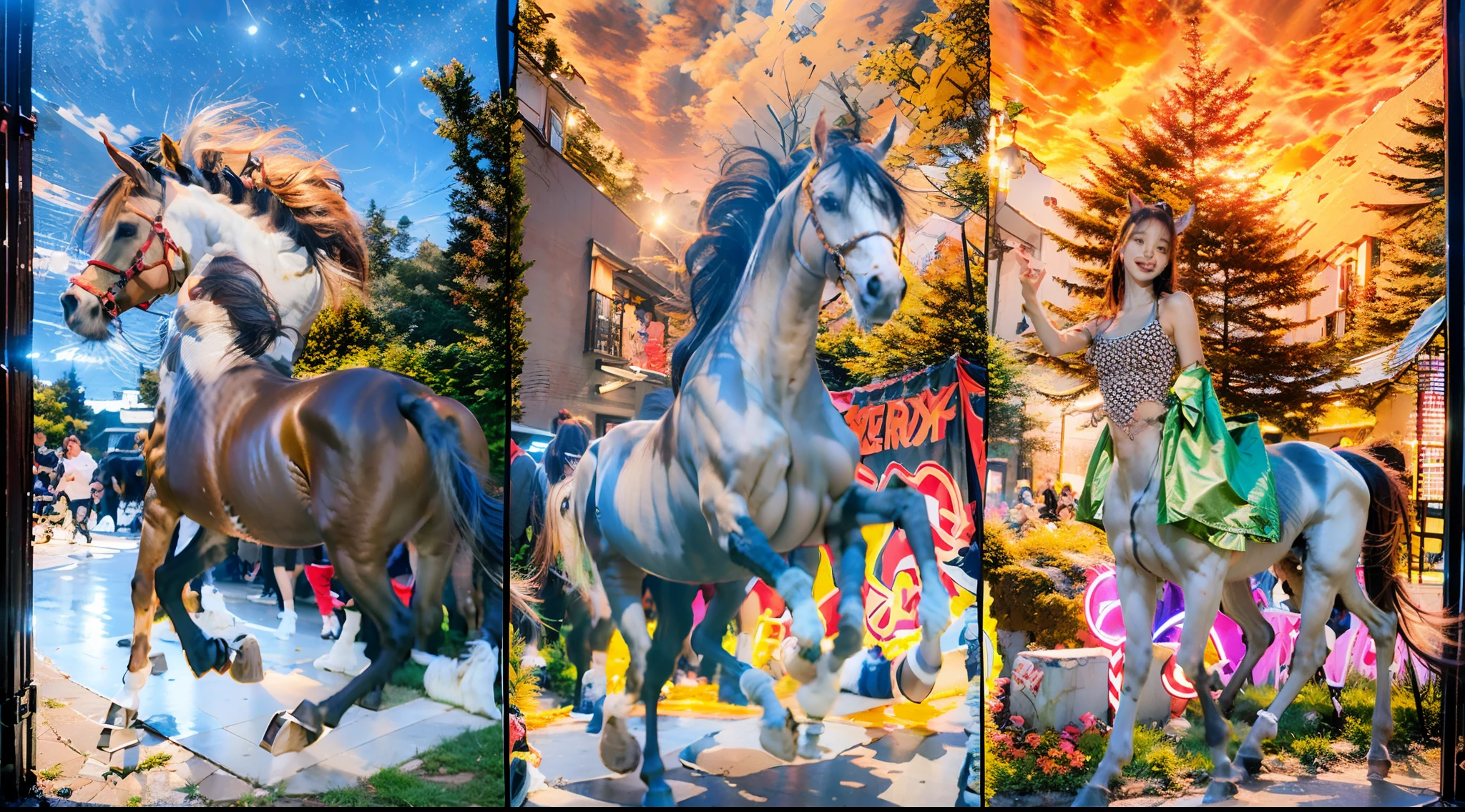 8 female centaurs,Ultra-grand scenes,super wide shot,1#centaur,2#centaur,3#centaur,4#centaur,5#centaur,6#centaur,7#centaur,8#centaur。Eight extremely special and rare centaurs surround each other,A large group of centaurs ran wildly ahead,Gallop across the steppe like a clock。The vast plains of the epic scene are rich in aquatic plants,In the distance is the snow-capped summit of Mount Everest,Snow creek flows into the sea,At the other end is the magnificent giant city,They entered and exited from the direction of the city gates。The first is the Lightcast Pegasus Centaur from the Supreme Heaven, which has a rainbow aperture from the Supreme Heaven,She rides between light and pure,No additional ornaments are needed to highlight her dignity and holiness,Even the sky showed her a clear sky,She has a deep enmity with the Nightmare Heavy Ride Centaur from Hell,The two never put their heads next to each other。Surrounded by a sulphurous flame, the Hellmare Heavy Ride Centaur makes every time a horse's hooves fall, it will step out of the flat grass from the lava from the ground。The sky of the steppe is brighter because of the rainbow,And lava makes the earth deeper。The wind wings of the wind elf horse centaur made its position erratic,She carries a cyan aperture lightly and can't help but tease the mechanical horse Centaur。The mechanical horse is full of mecha beauty,The shoulder back position always reveals delicate mechanical fittings,Four kicks with a hydraulic pump and electromagnetic ejection device。The unicorn Centaur wants to steal all the limelight from Centaur with its pure and flawless beauty,Her unicorn flashed with the power of thunder。But on the side, the fairy Ryoma Centaur is comparing with it,Fairy Ryoma Centaur is covered in small stars shining with magical brilliance。Their unique elven-patterned armor and colorful saddles make them the most stylish centaurs。The female knight Centaur is charging in her knightly armor,Her lofty ideals made her will unstoppab