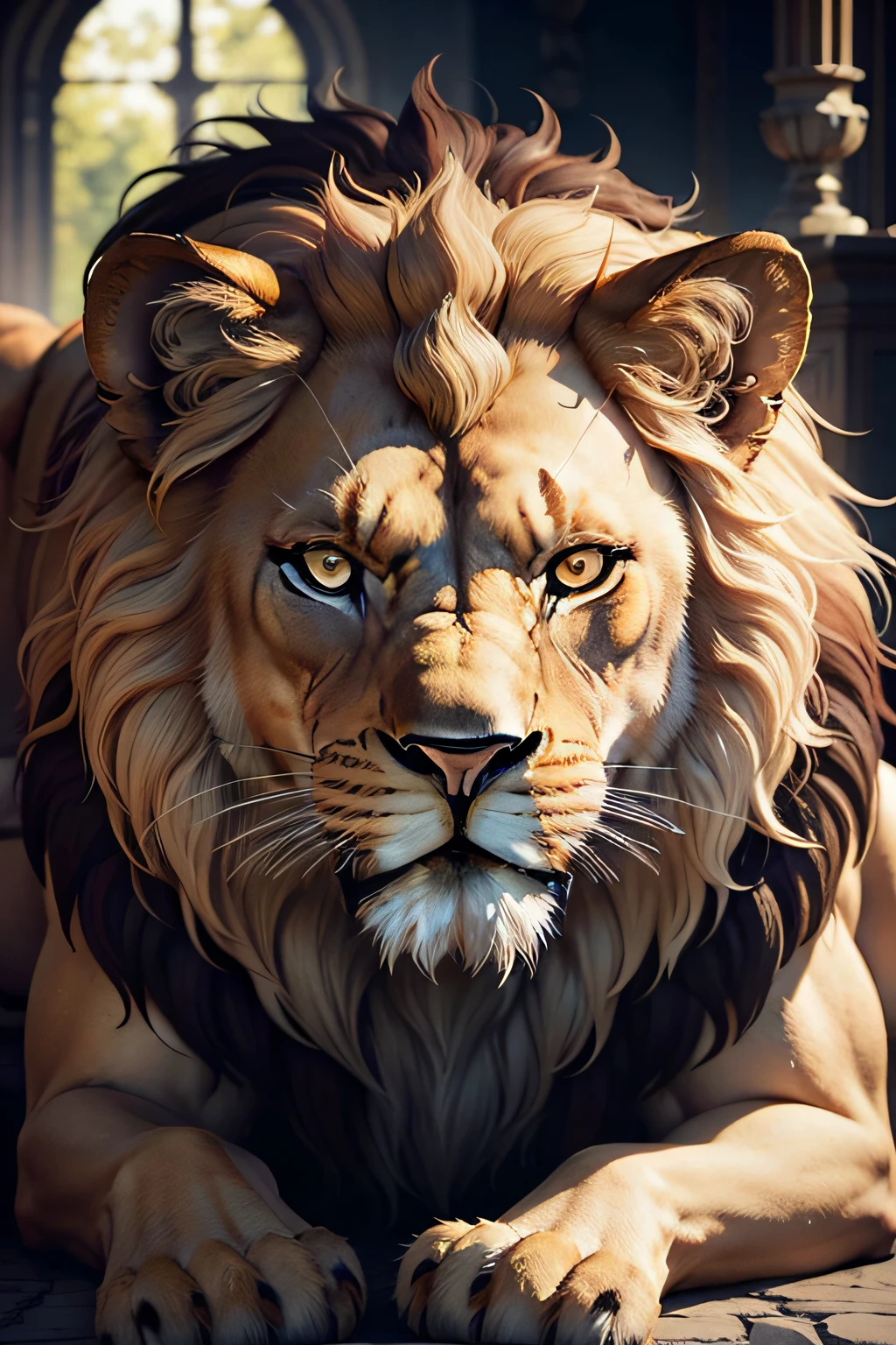 Royal Lion image 3/4 photorealistic closeup without high contrast saturation.