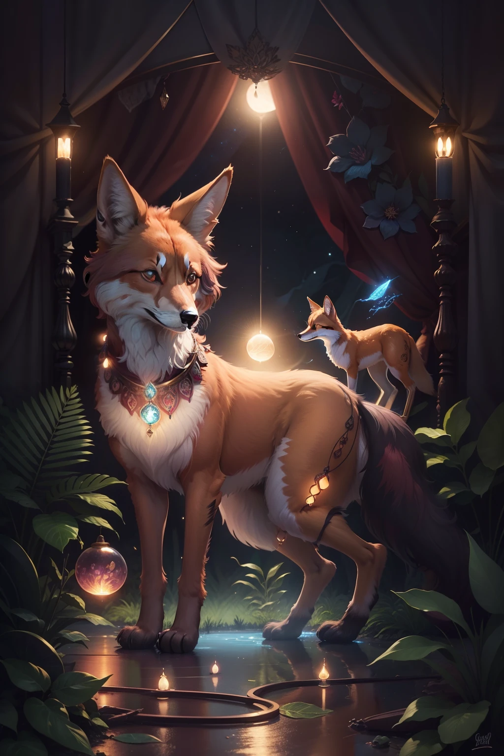 inside within a glass ball, with four legs, a very cute, (maned wolf cat forest fox hybrid animal), solid rich deep brown fur color, very dark forest trail, multi-shades of maroon night flowers that border the trail, wearing a glowing enchanted gemmed collar with bioluminescent blue diamond collar pendant, bioluminescent, full moon-lit, iconography, hints of maroon color, ultra detailed, beautiful and aesthetic, High quality, beautiful, masterpiece, best quality, (zentangle, mandala, tangle, entangle :0.6), 24k resolution, photorealistic.