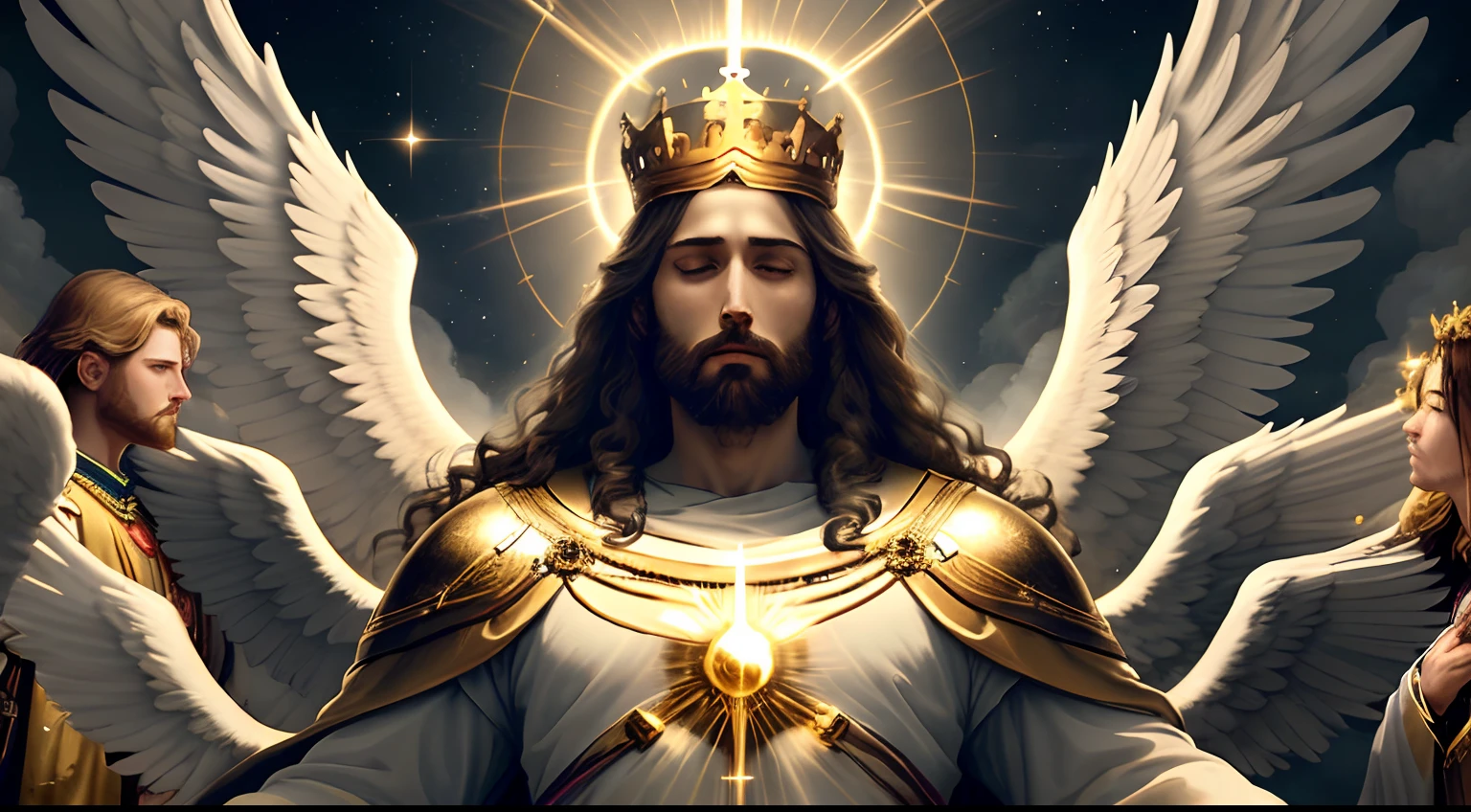 "Amidst the voluminous clouds, Jesus, the majestic king, sits gracefully adorned with a golden crown. In a wide shot, He is accompanied by His army of angels as He prepares to return triumphantly to Earth, surrounded by the ethereal radiance of volumetric light."