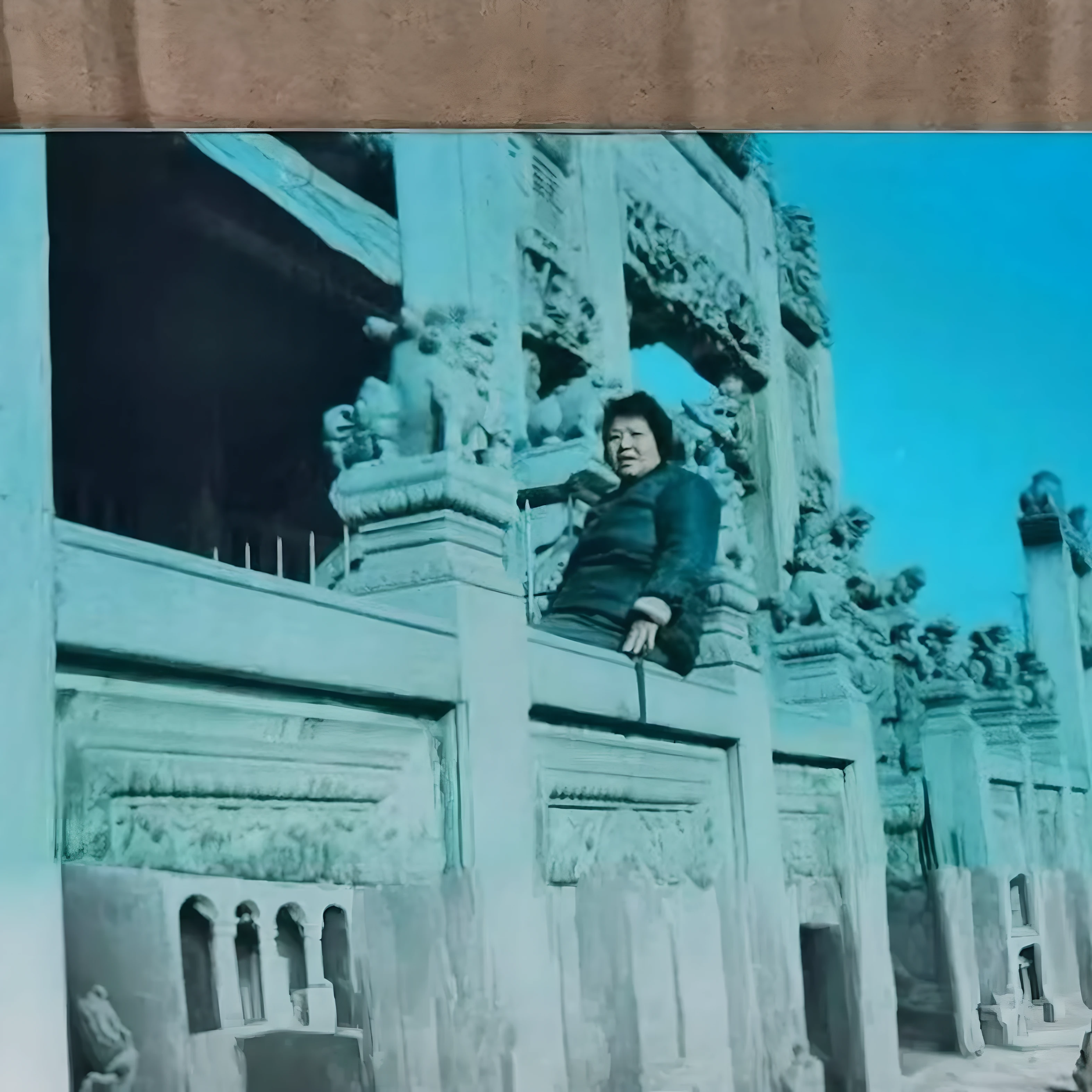 There is a picture of a man sitting on the wall, sitting on temple stairs, in balcony of palace, Sit on a stone throne, in forbidden city, bo xun ling, inspired by Zhang Zeduan, Inspired by Zhang Kechun, photograph taken in 2 0 2 0, With a Chinese temple, temples behind her, cover photo portrait of du juan