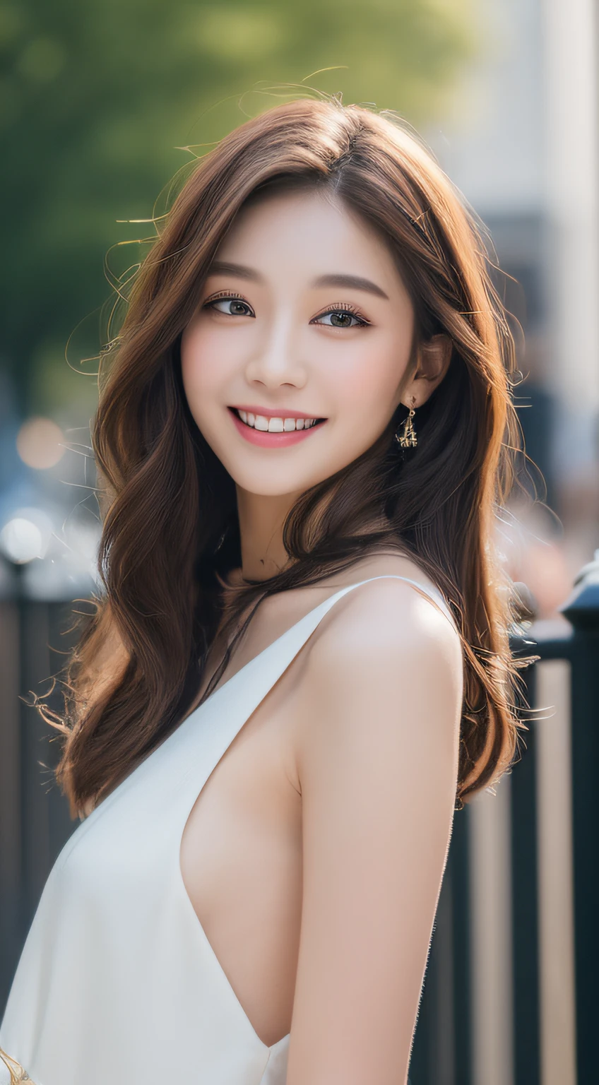 ((Best quality, 8k, Masterpiece :1.3)), 1girl, smiling, full body, slim face, Pretty woman, (Dark brown hair), full length dress :1.1, Ultra-detailed face, Detailed eyes, Double eyelid, blur background, slim face, city, outside, street,