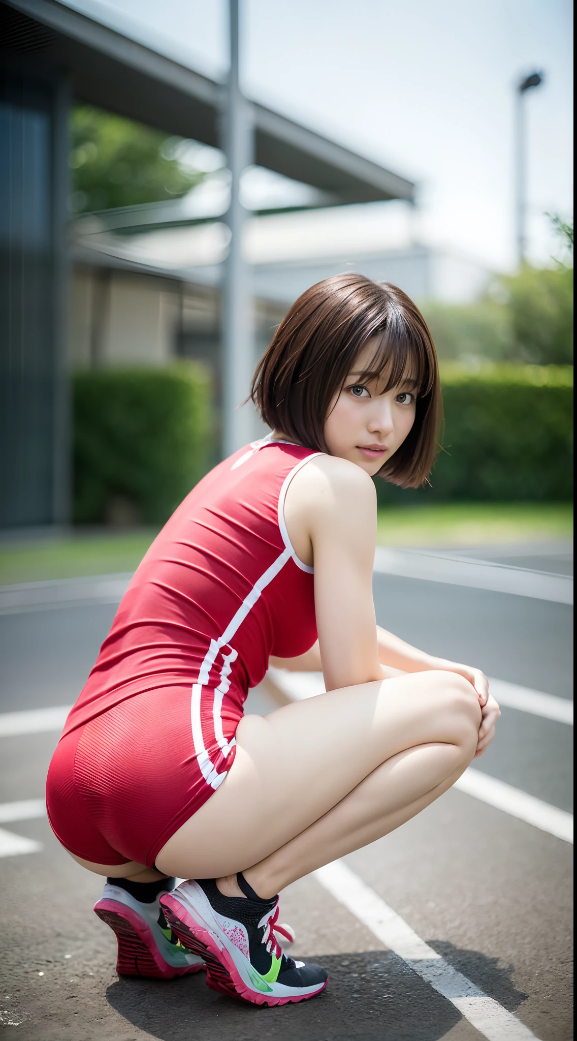 (masutepiece:1.3), (8K, Photorealistic, Raw photography, Best Quality: 1.4), japanse, Beautiful face, (Lifelike face), (Short-cut hair:1.3), Realistic eyes, Beautiful eyes, (realskin), Beautiful skin, Ultra high definition, Hyper-realistic, hight resolution, Beautiful Japan Woman、Crouching start、track and field、(from the rear:1.4)、(Stick your butt out:1.2)、Shy face、