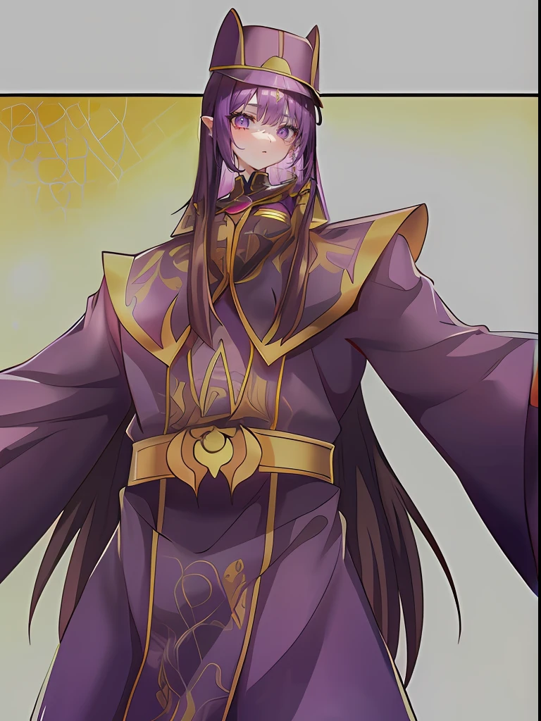 Dressed in purple and gold,Beautiful girl in official uniform,The hair is purple,long whitr hair,The pupils are crimson,The slender waist does not show the figure