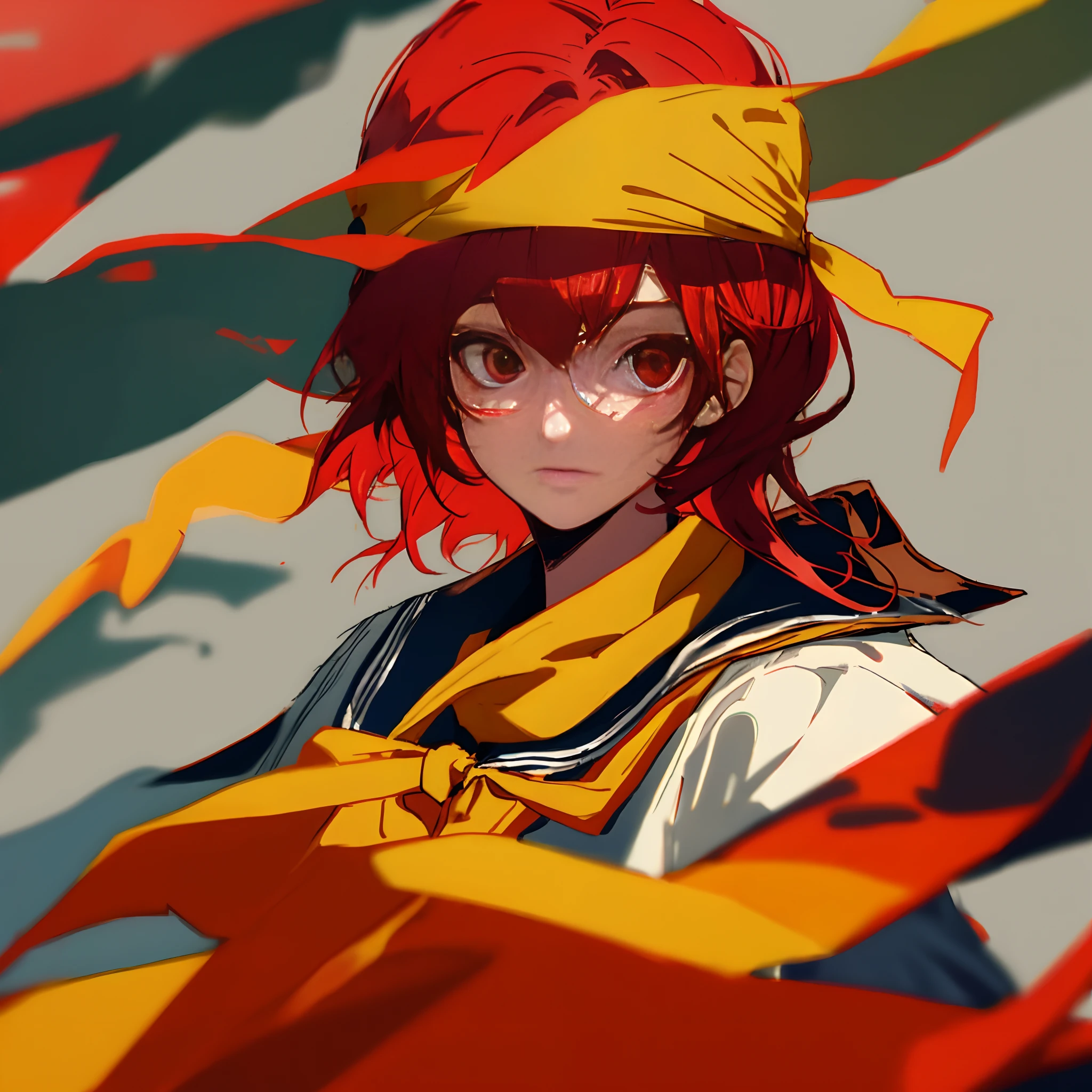 red tinted hair,red color eyes,schoolboy,Long yellow bandana
