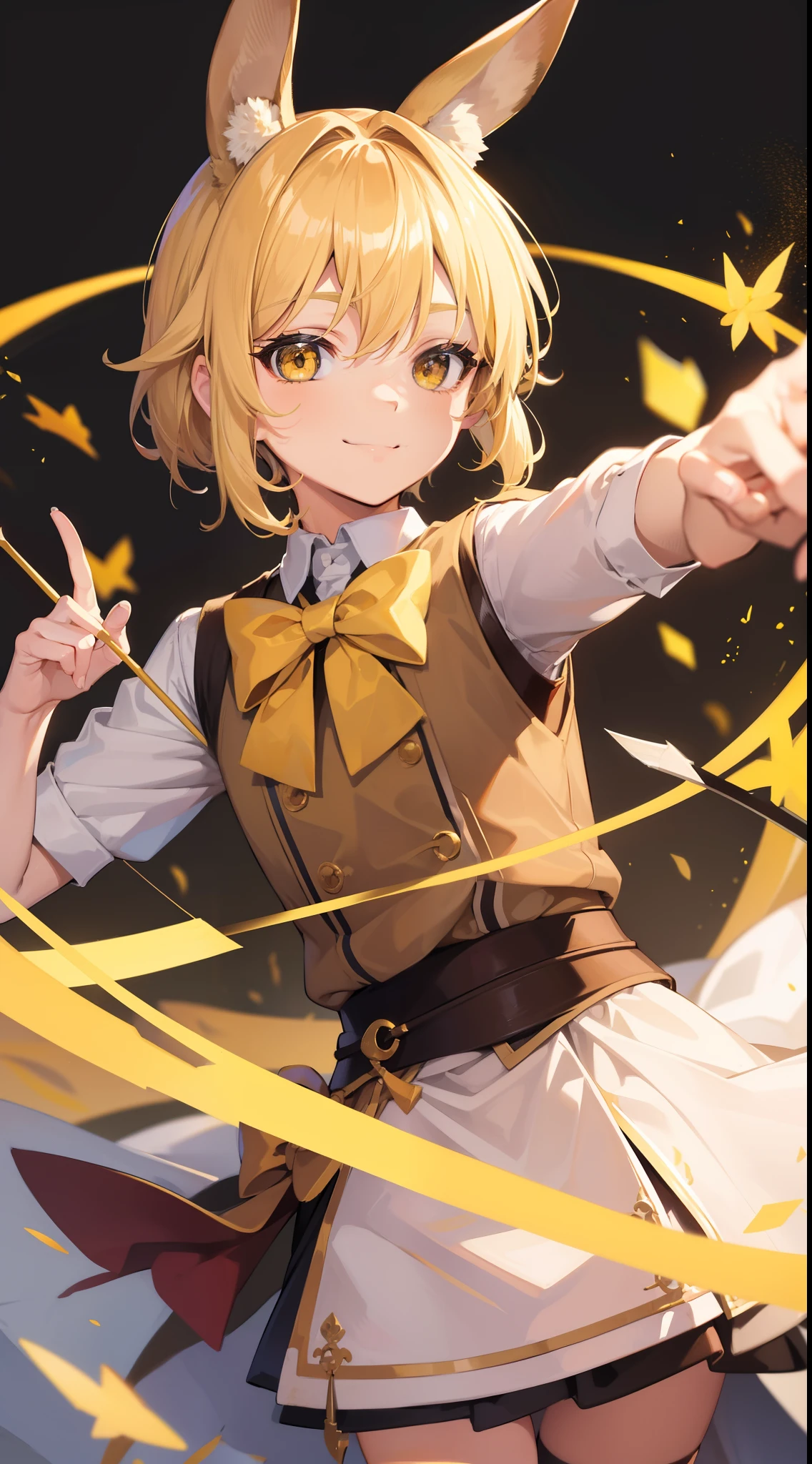 Young guy, blonde hair with brown strands, Yellow eyes, brown rabbit ears, Smile, Masterpiece, hiquality