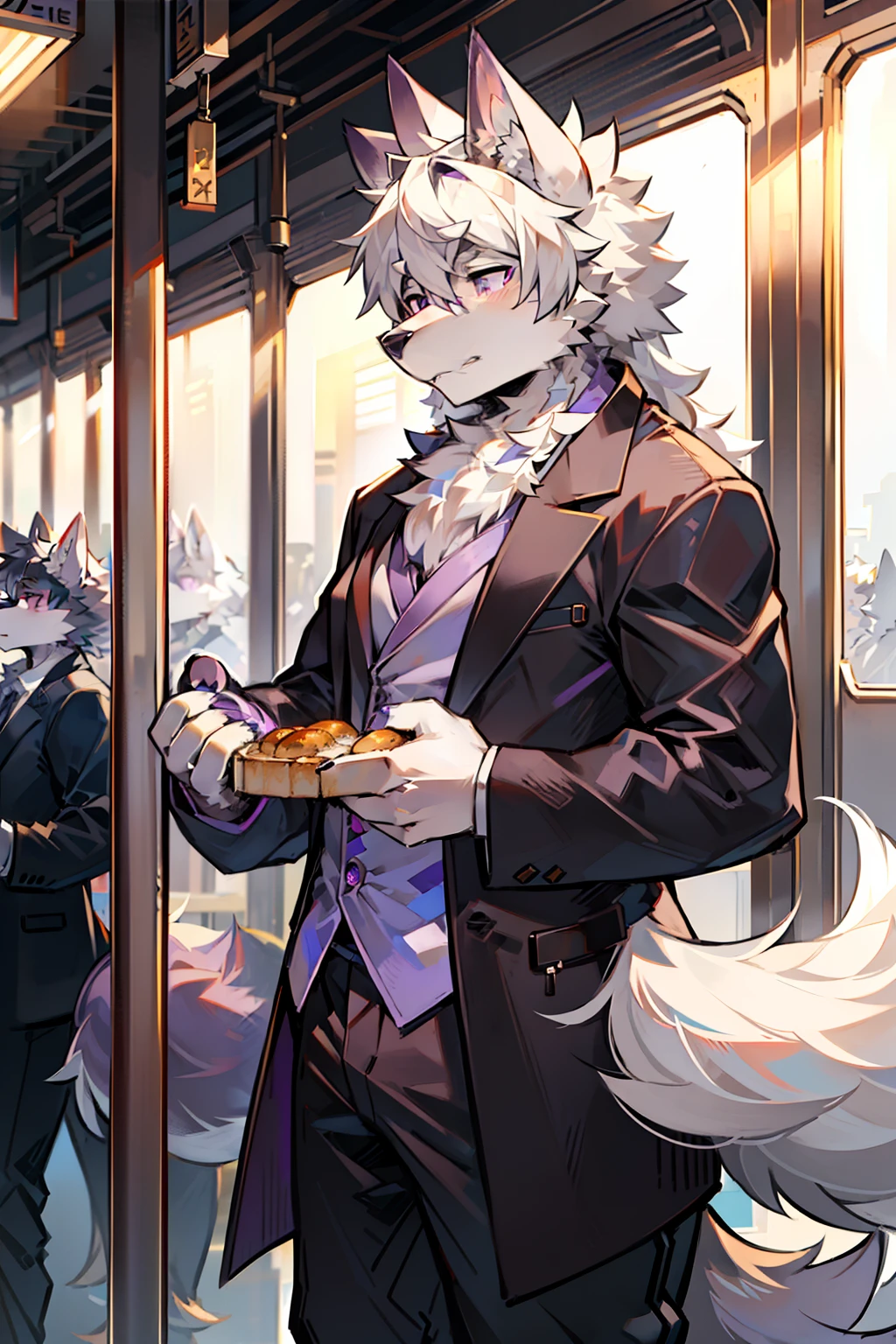 solo person,shaggy male,hairy bodies,shoun,coyote,canid,Gray fur,long white hair,The ends of the hair are purple,Purple eye,Handsome,large tail,full bodyesbian,城市,busy,Bread in hand,Squeeze the subway,eye glass