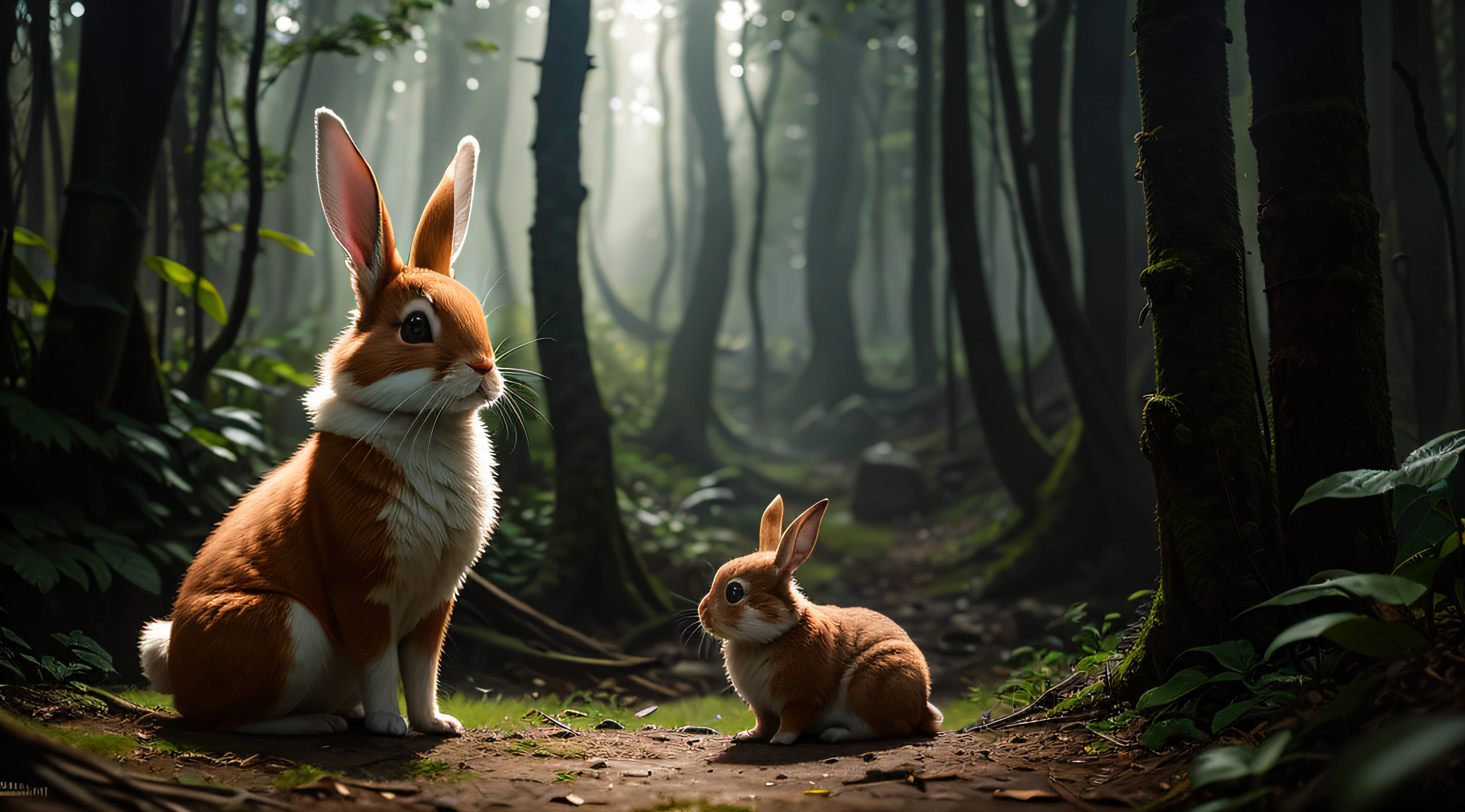 ln the forest，Go to bed，Panorama photo of the rabbit，the rule of thirds，200mm 1.4F macro shooting，（Natural skin texture，ultra-realistic realism，softlighting，sharp：1.2），（complexdetails：1.12 ), hdr,（Complicated details，ultra - detailed：1.15），The art of Greg Rutkowski and Artgerm，Soft cinematic light，adobe lightroom，photolab，hdr，Complex，very detailed ，（depth of fields：1.4）