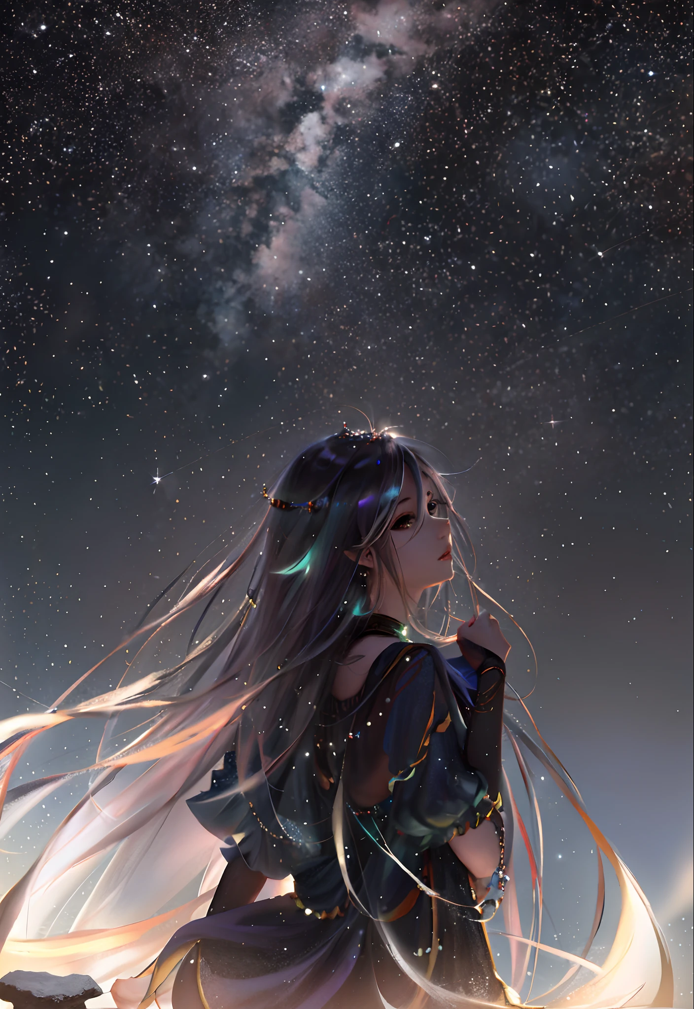 Anime girl sitting on rock looking at anime art wallpaper of star，8K Anime Art Wallpapers，Anime wallpaper 4K，zerochan art，animeaesthetic，anime wallaper